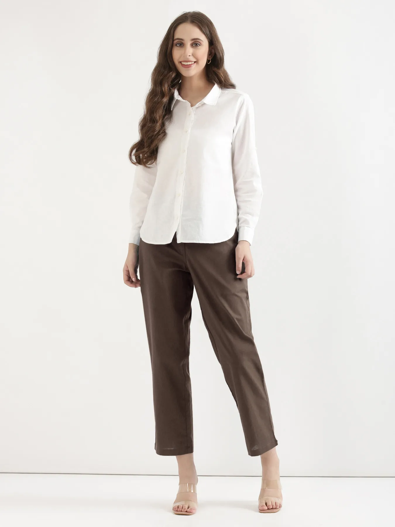 Women Dark Brown Airy Linen Straight Pants - Image 3