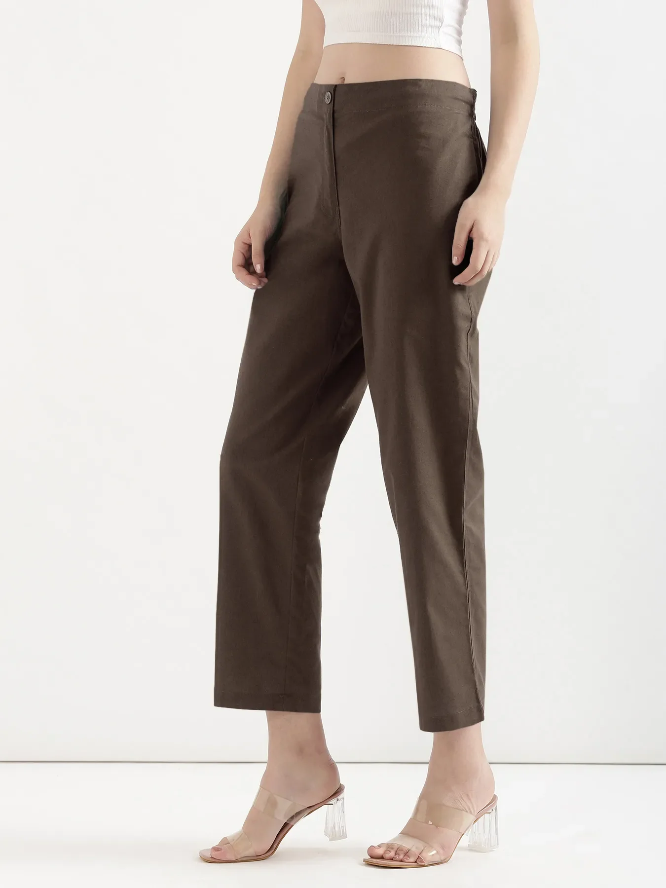 Women Dark Brown Airy Linen Straight Pants - Image 4