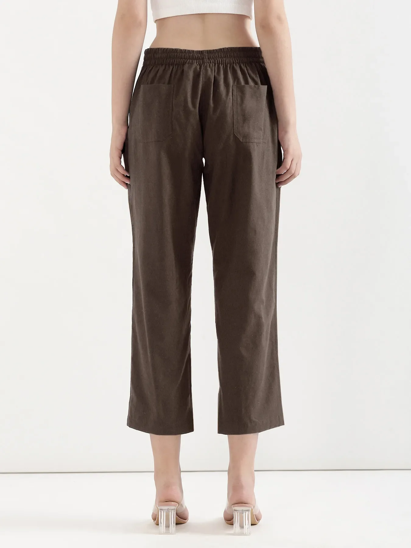 Women Dark Brown Airy Linen Straight Pants - Image 6