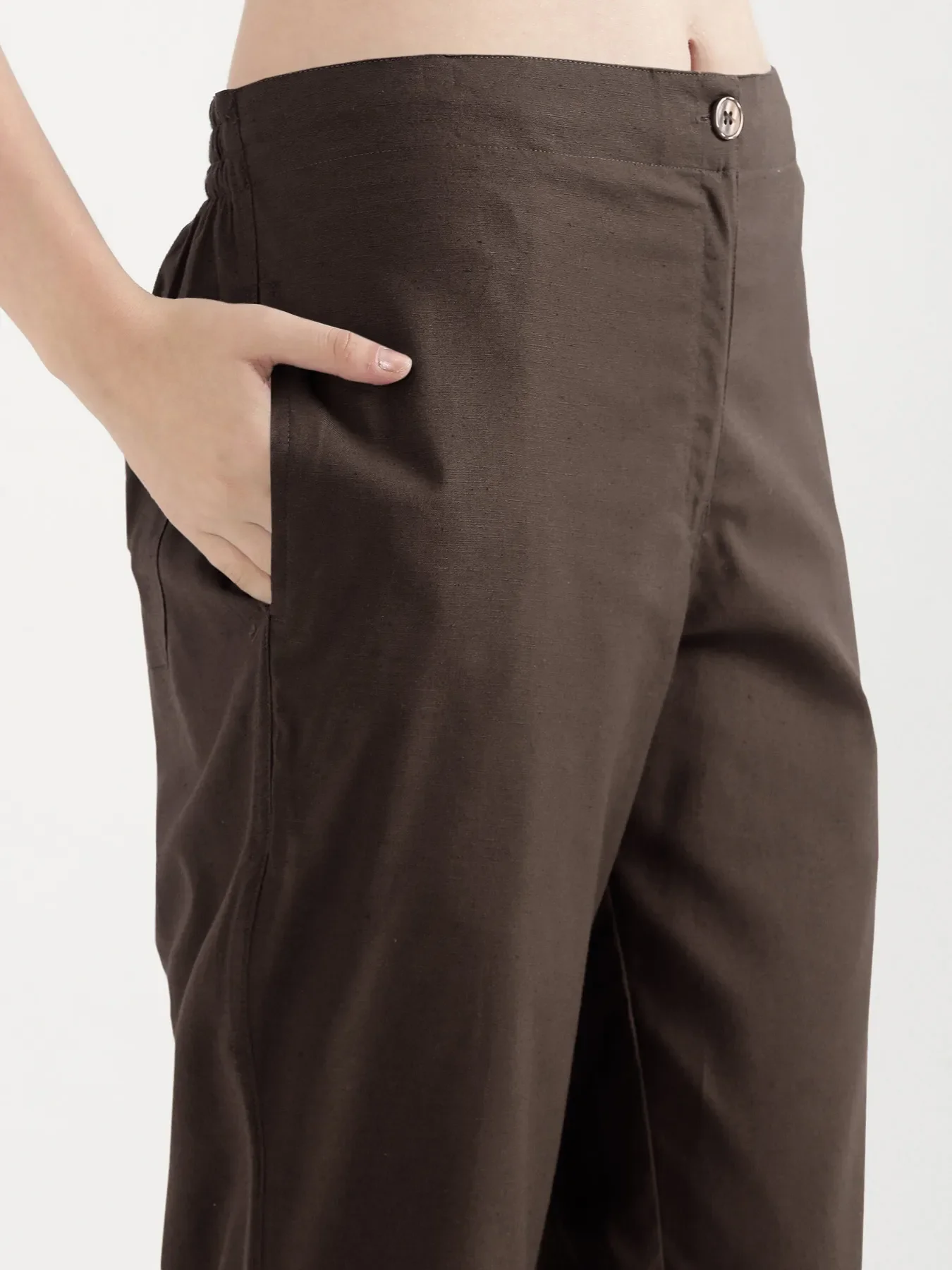 Women Dark Brown Airy Linen Straight Pants - Image 9