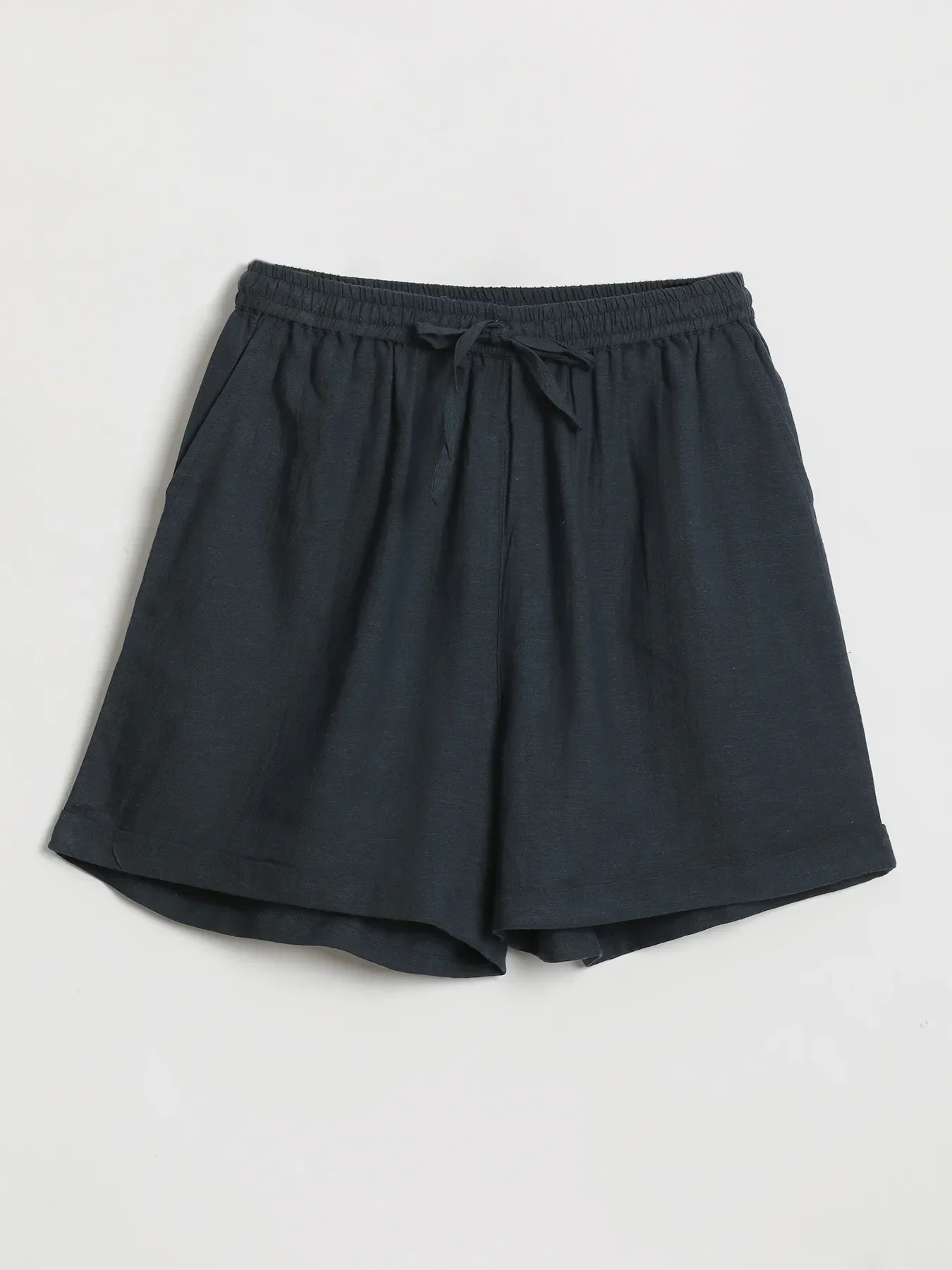 Women Navy Blue Flowy Linen Shorts - Image 12