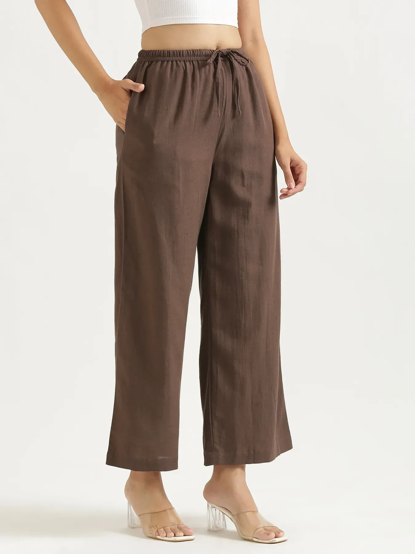Women Dark Brown Flowy Linen Wide Leg Pants - Image 4