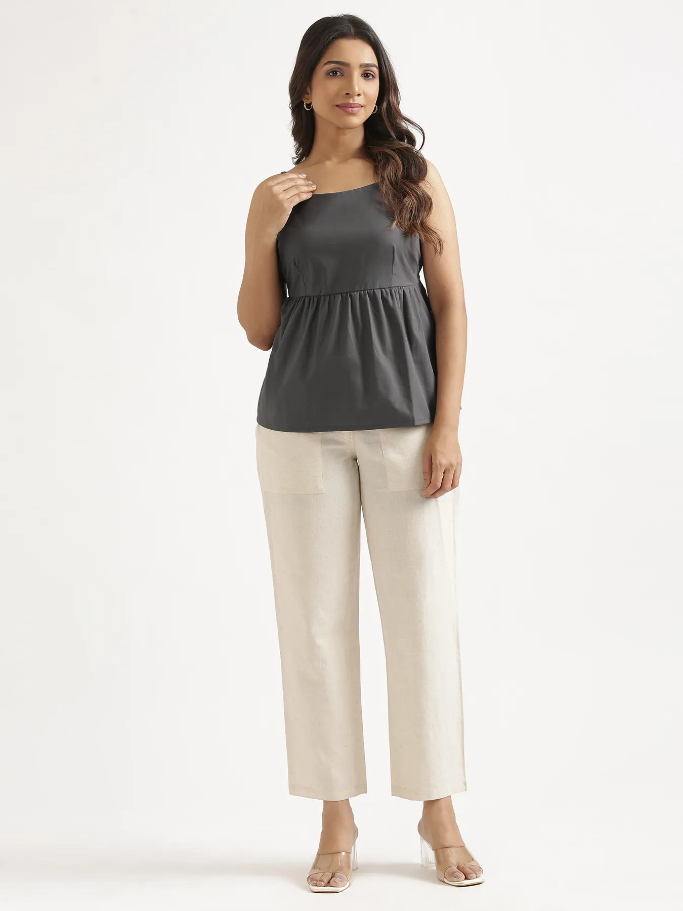 Women Dark Grey Better Cotton Peplum Top - Image 3