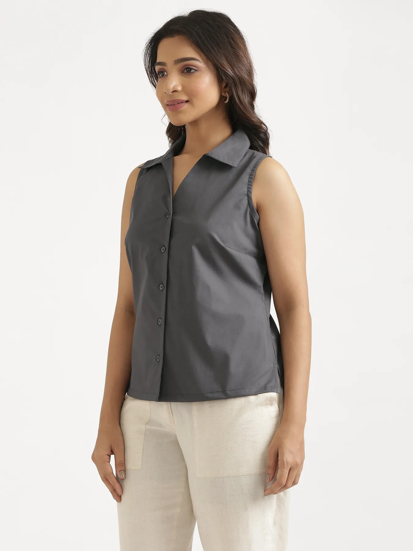Women Dark Grey Better Cotton Sleeveless Shirt - Image 12