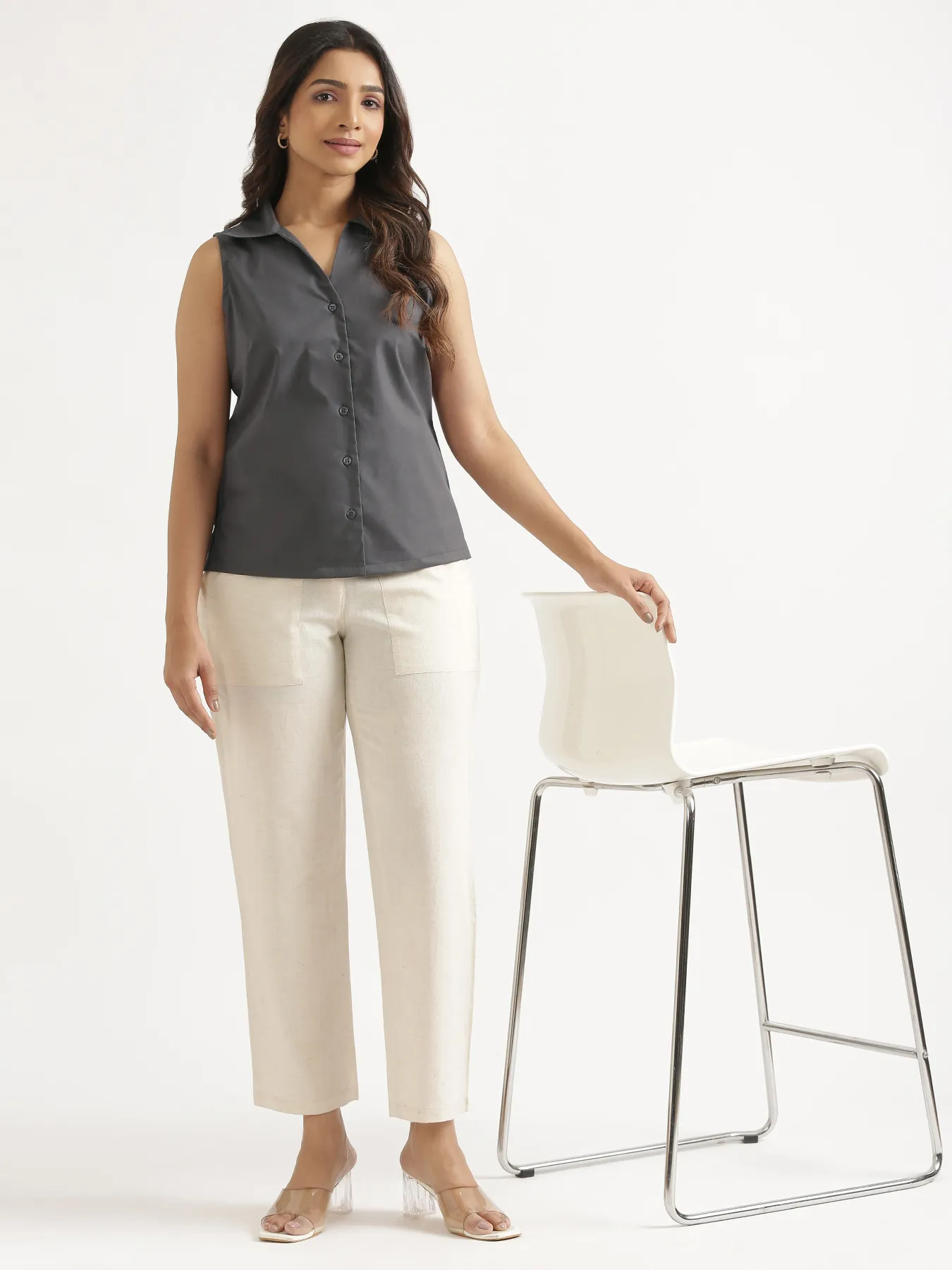 Women Dark Grey Better Cotton Sleeveless Shirt - Image 14