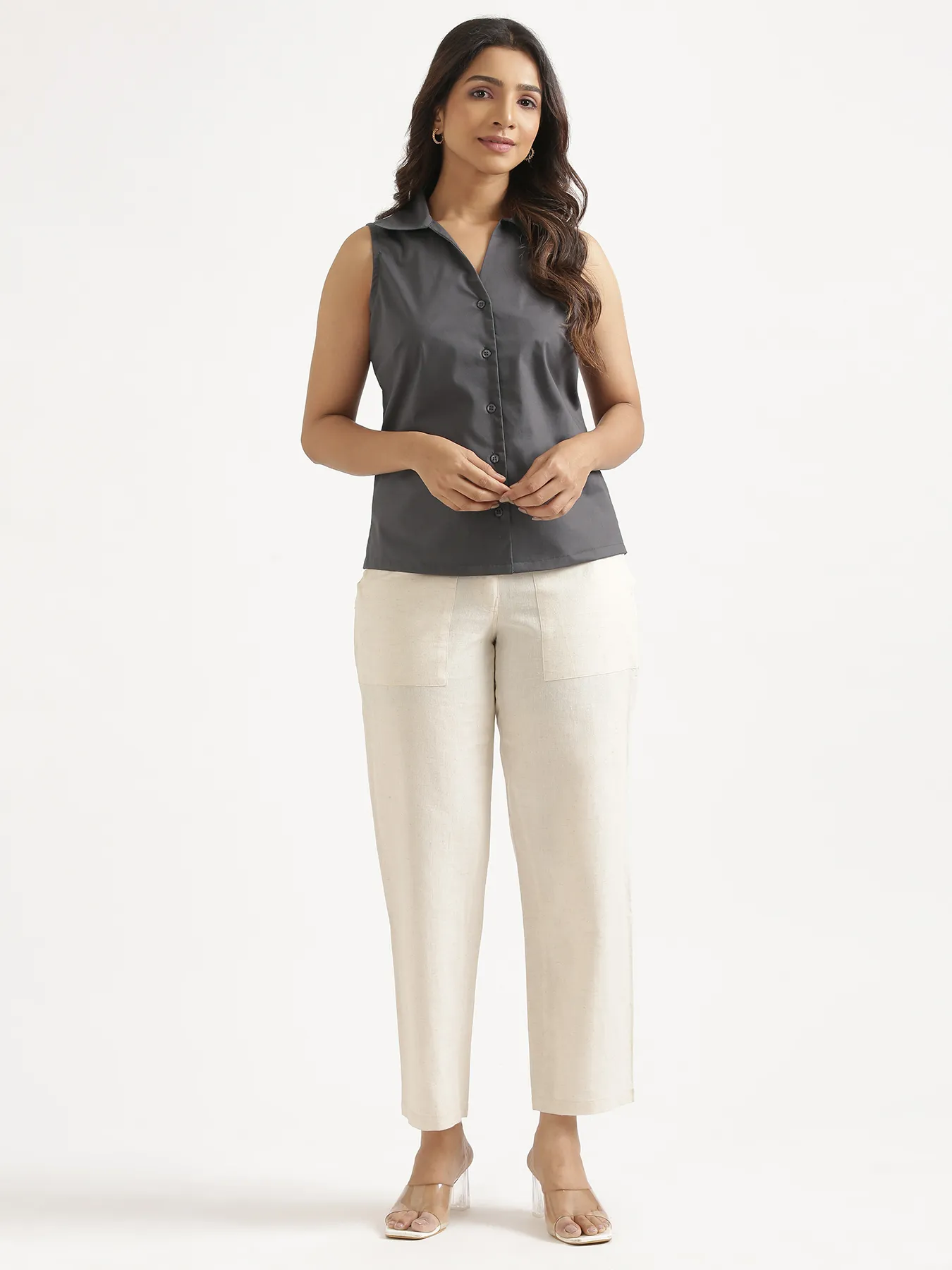Women Dark Grey Better Cotton Sleeveless Shirt & Ecru Airy Linen Straight Pant - Image 4