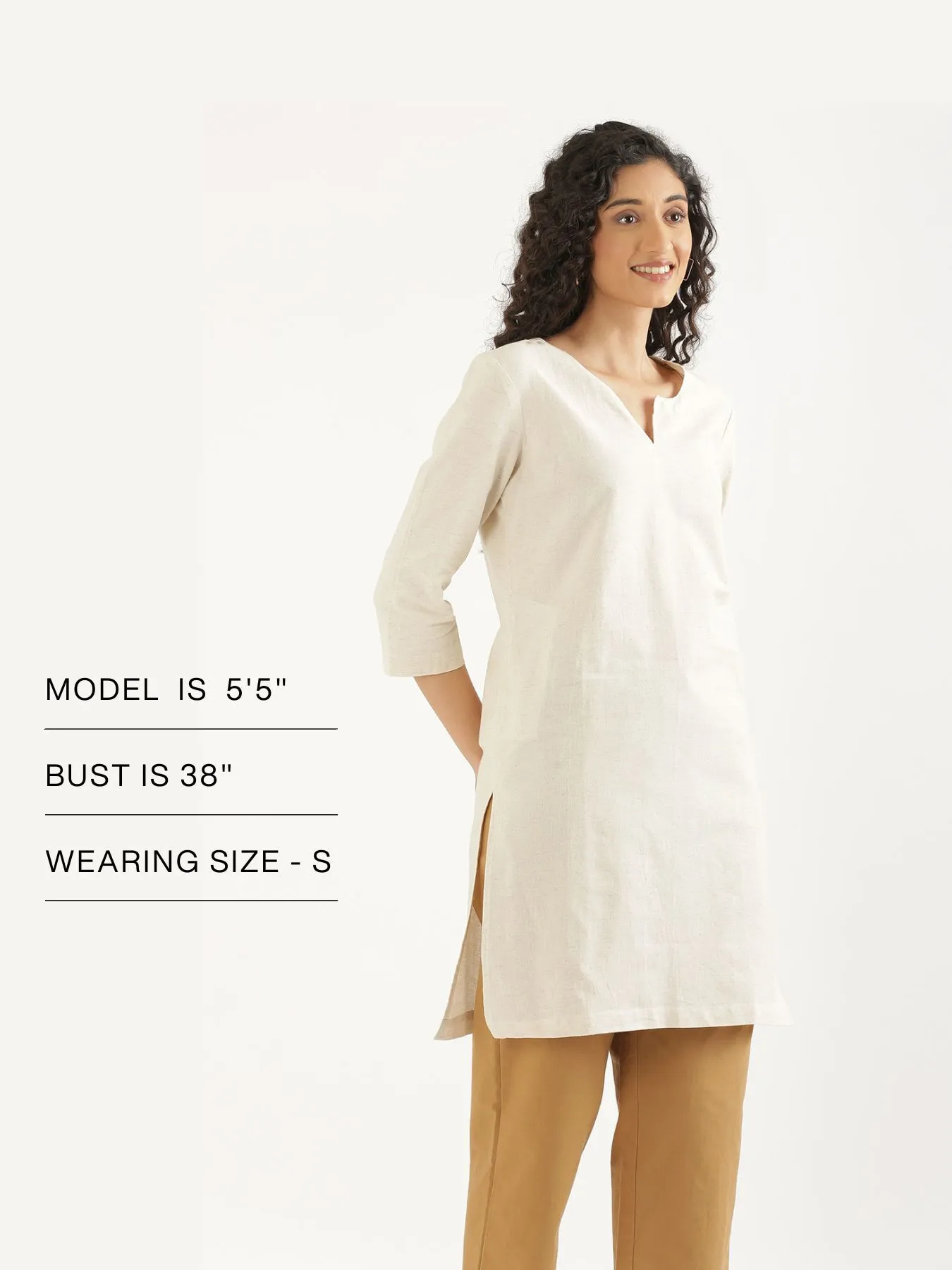 Women Ecru Airy Linen Mid Thigh Length Kurta - Image 10