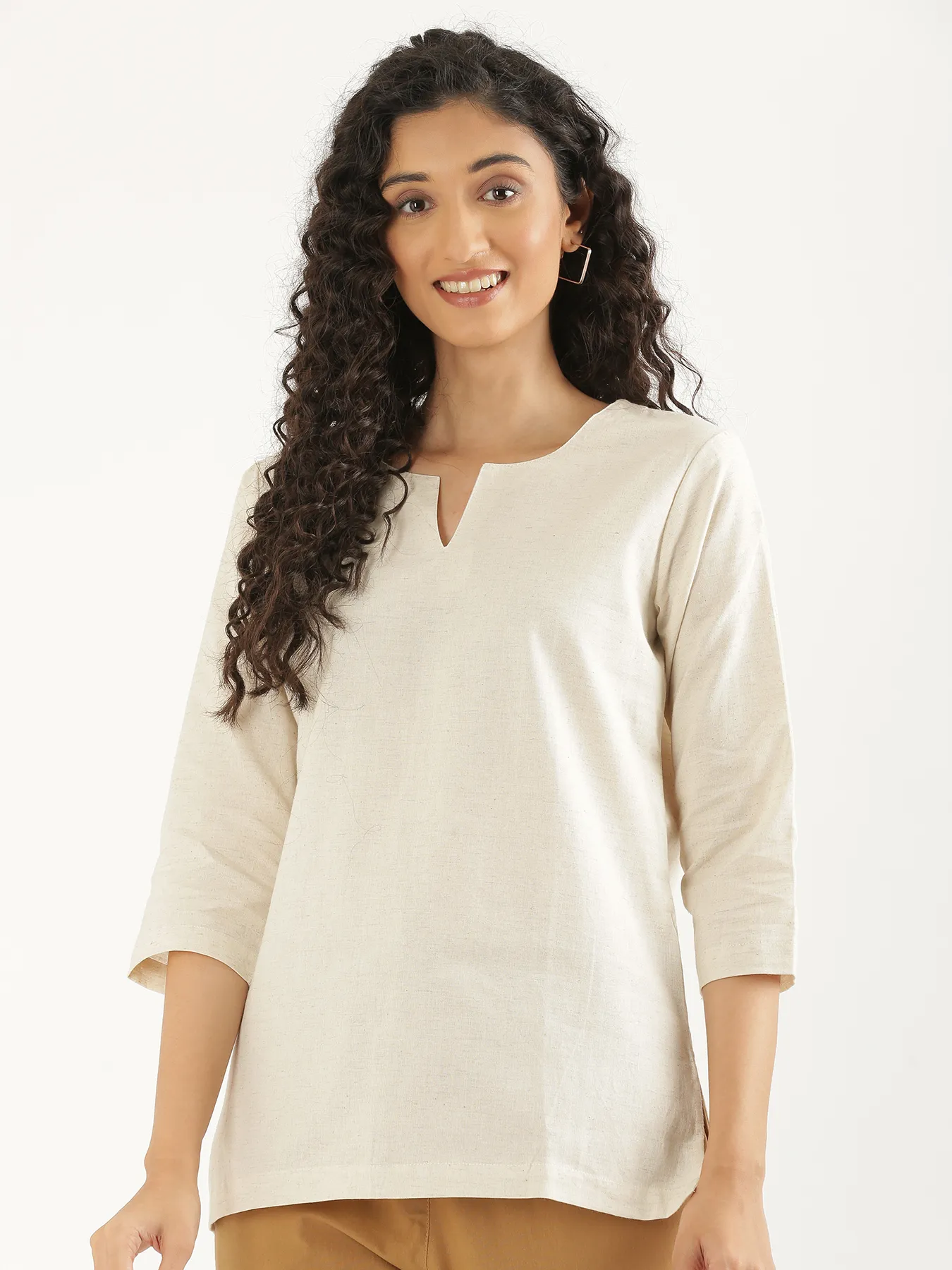 Women Ecru Airy Linen Split Neck Short Kurta