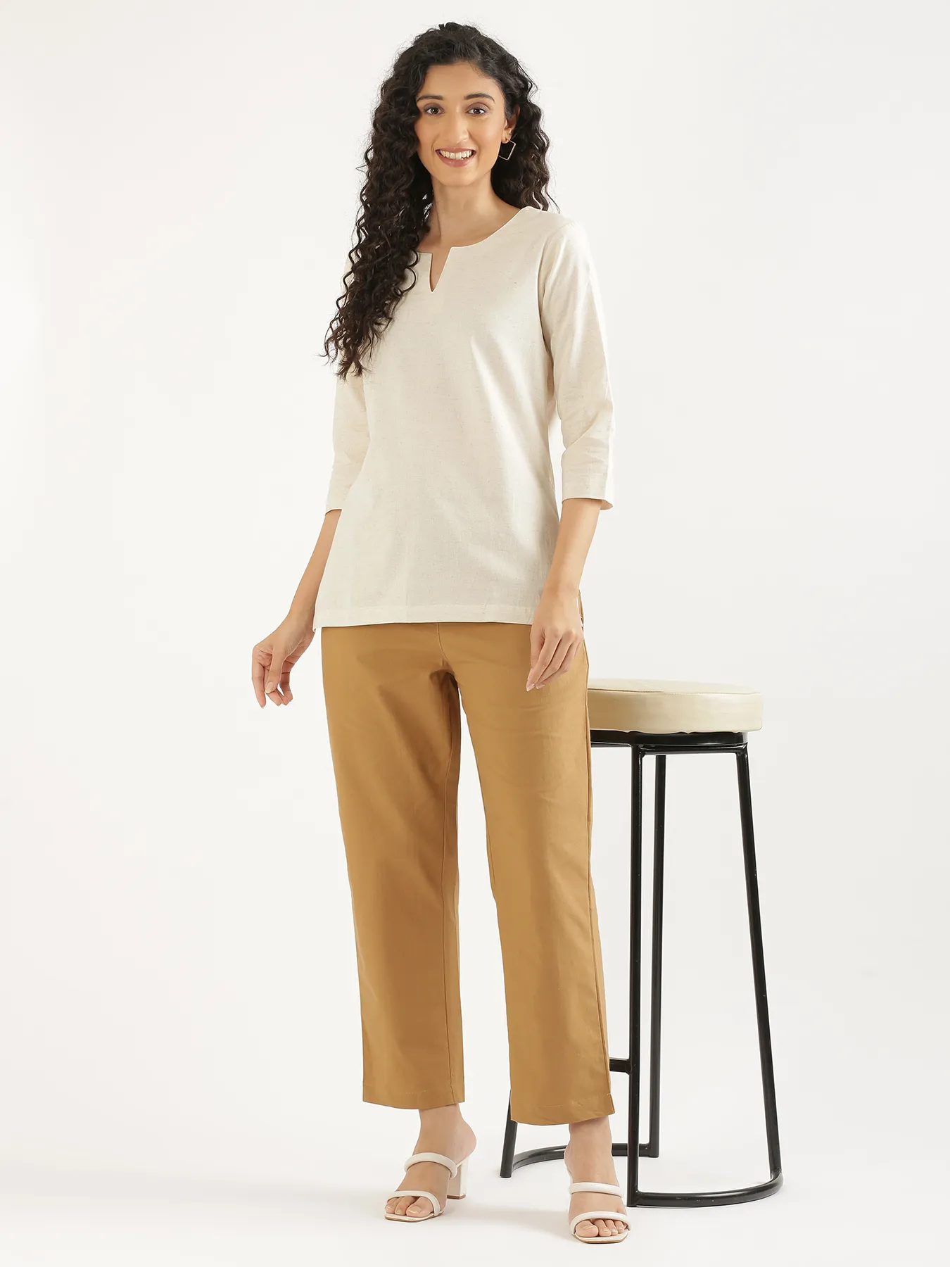Women Ecru Airy Linen Split Neck Short Kurta - Image 12