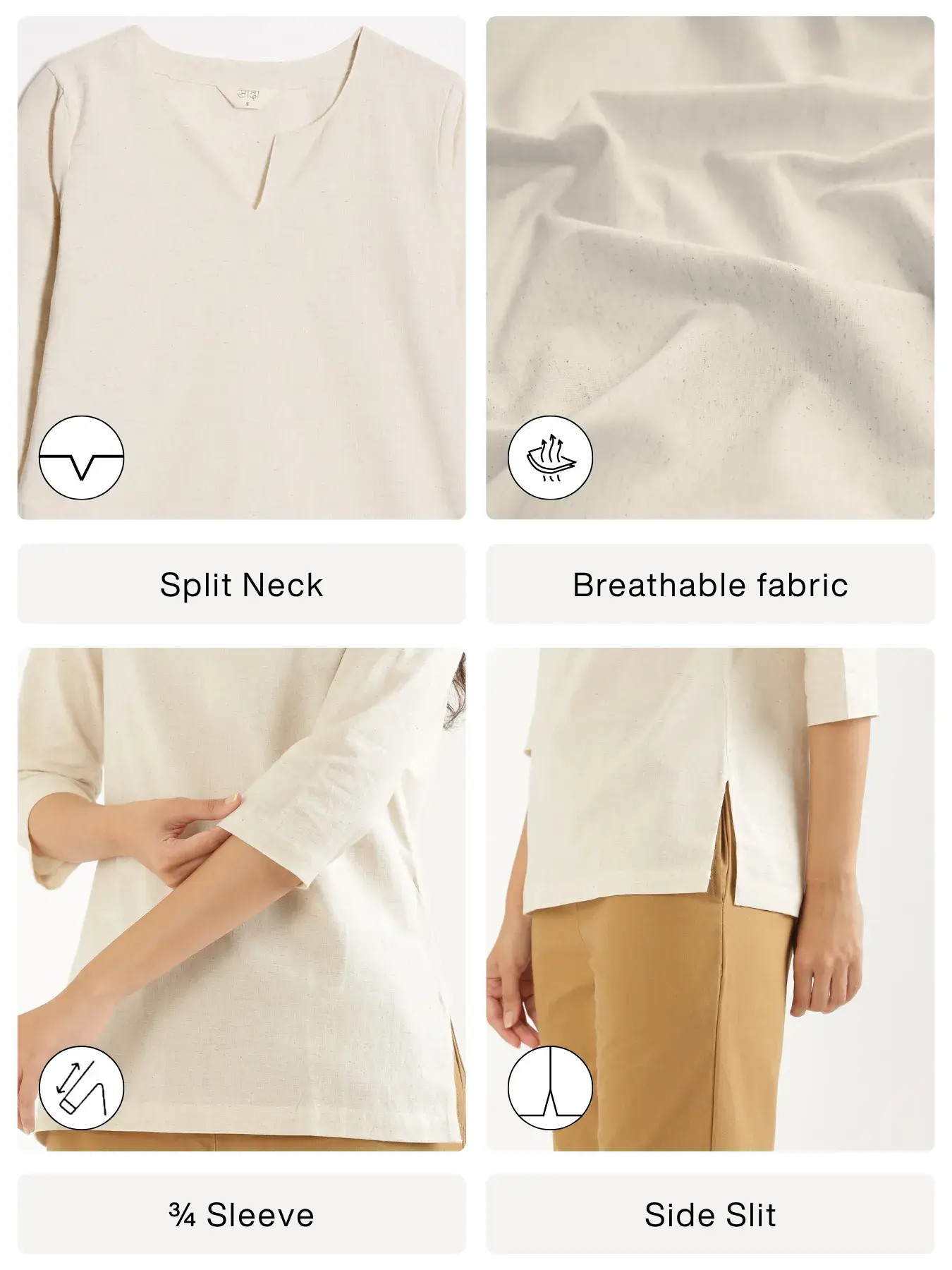 Women Ecru Airy Linen Split Neck Short Kurta - Image 2