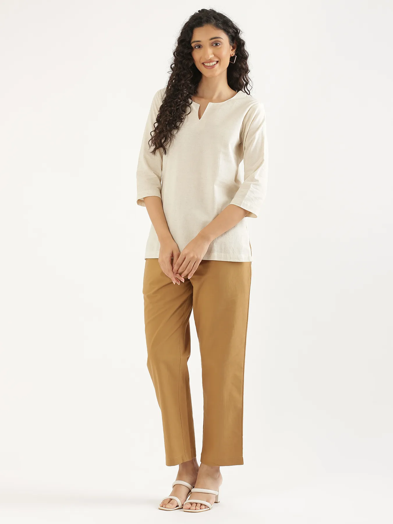 Women Ecru Airy Linen Split Neck Short Kurta - Image 3