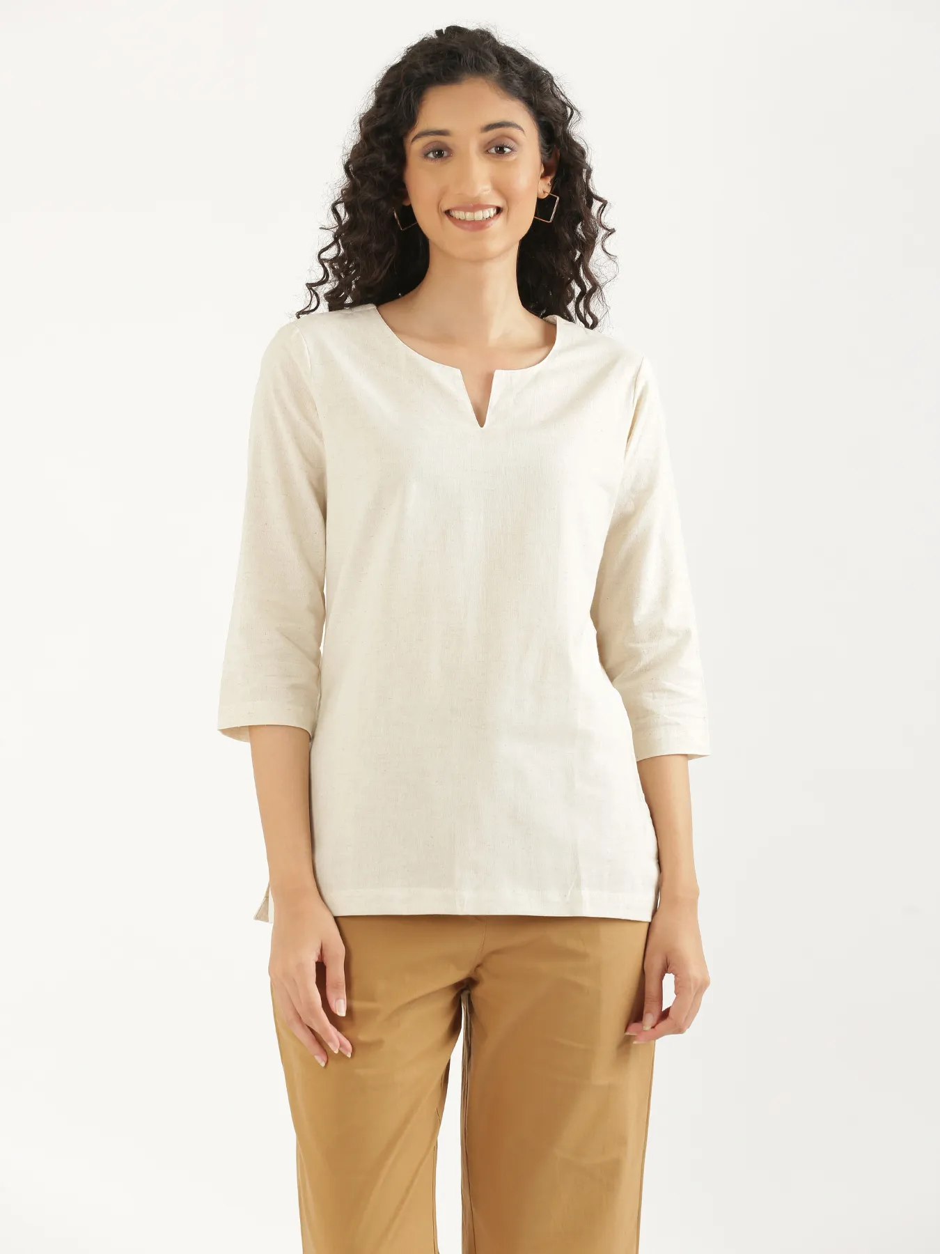 Women Ecru Airy Linen Split Neck Short Kurta - Image 4