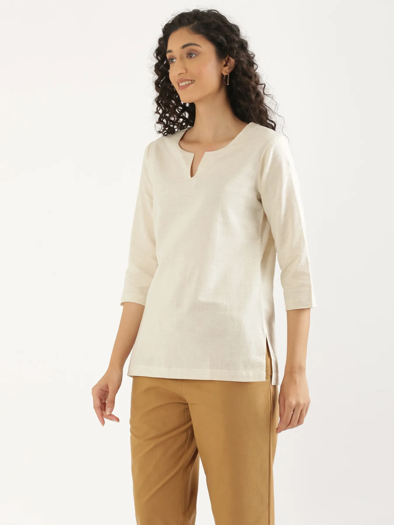 Women Ecru Airy Linen Split Neck Short Kurta - Image 9