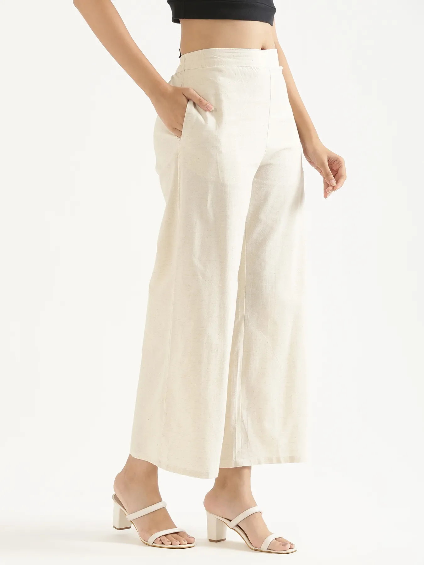Women Ecru Airy Linen Wide Leg Pant - Image 3