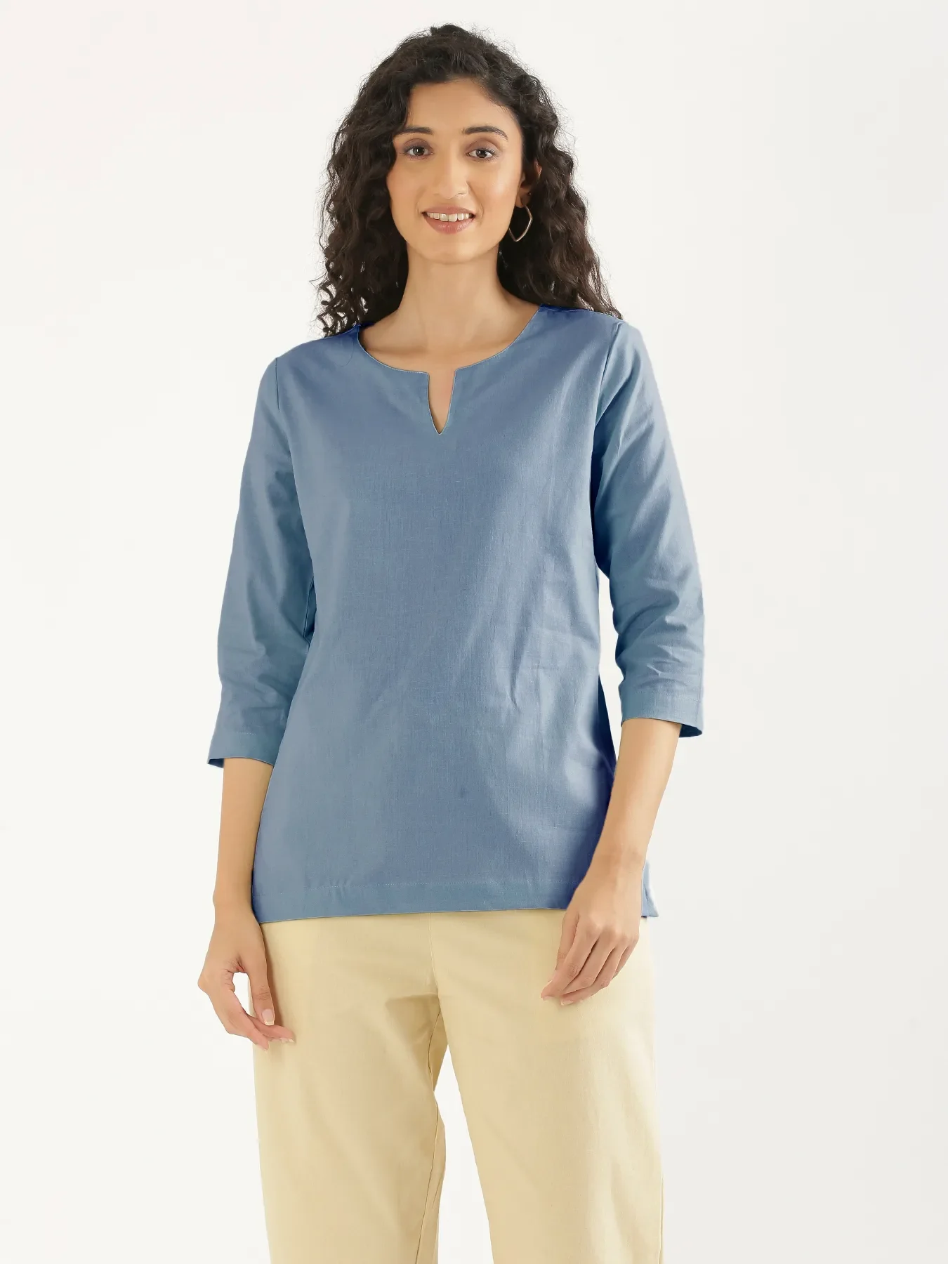 Women English Blue Airy Linen Split Neck Short Kurta