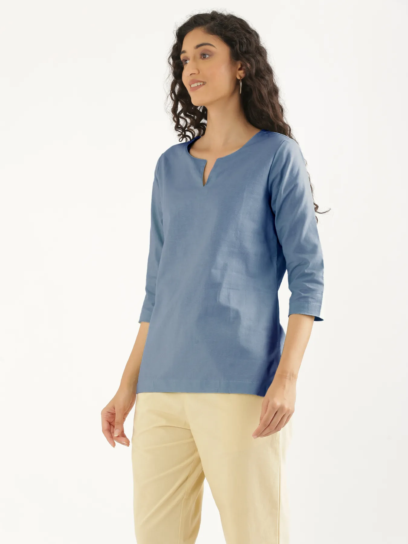 Women English Blue Airy Linen Split Neck Short Kurta - Image 10