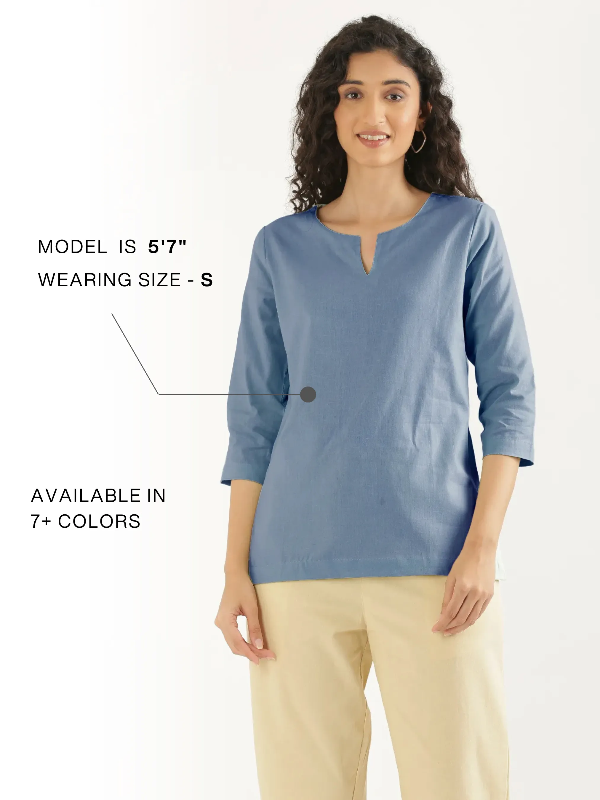 Women English Blue Airy Linen Split Neck Short Kurta - Image 14