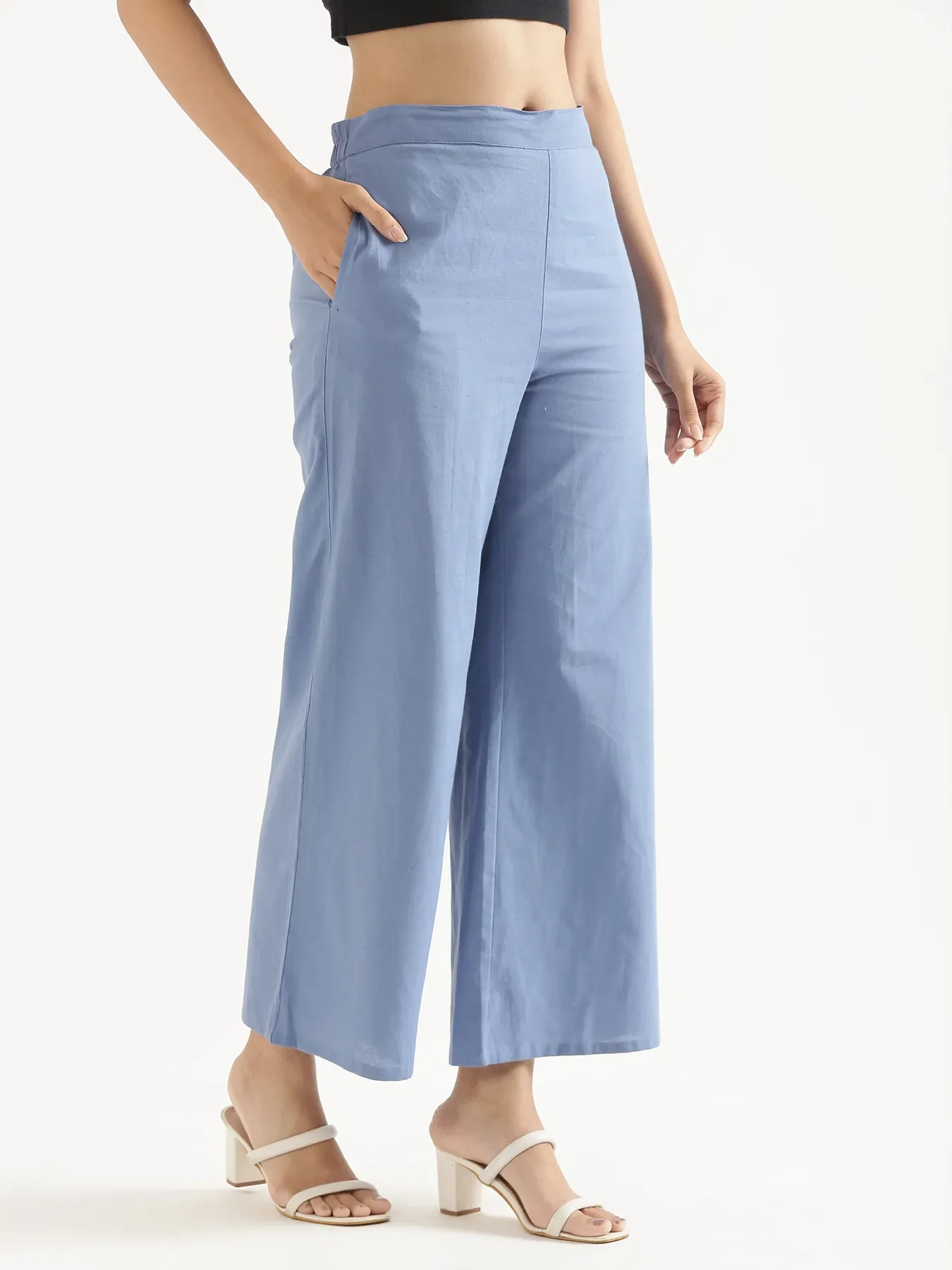 Women English Blue Airy Linen Wide Leg Pant - Image 3