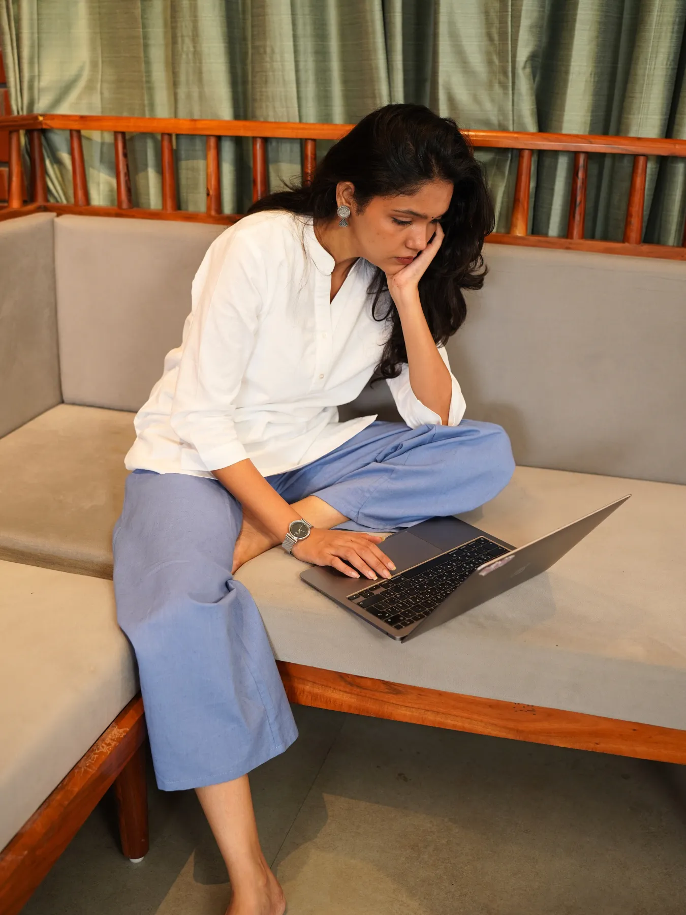 Women English Blue Airy Linen Wide Leg Pant - Image 5