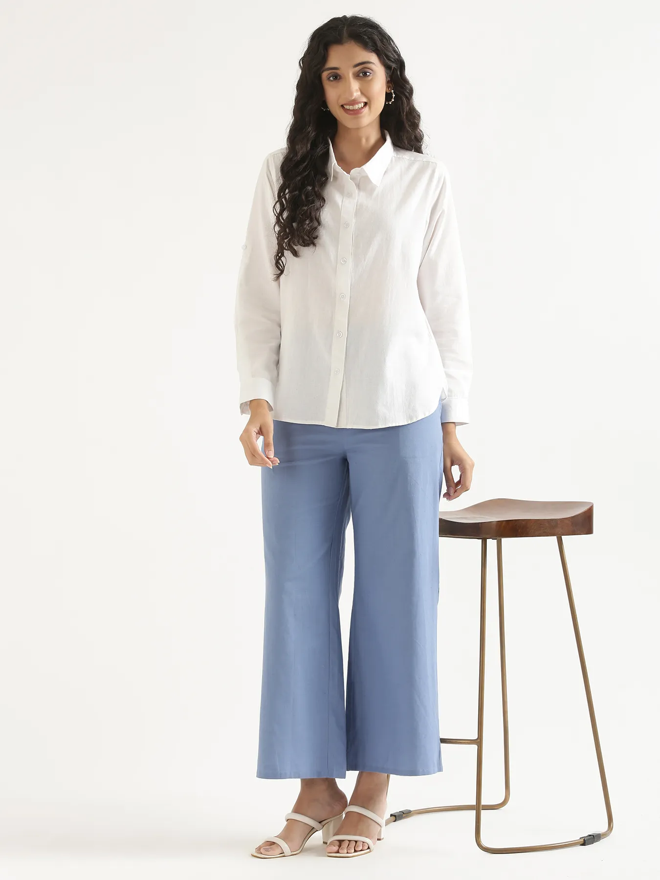 Women English Blue Airy Linen Wide Leg Pant - Image 9