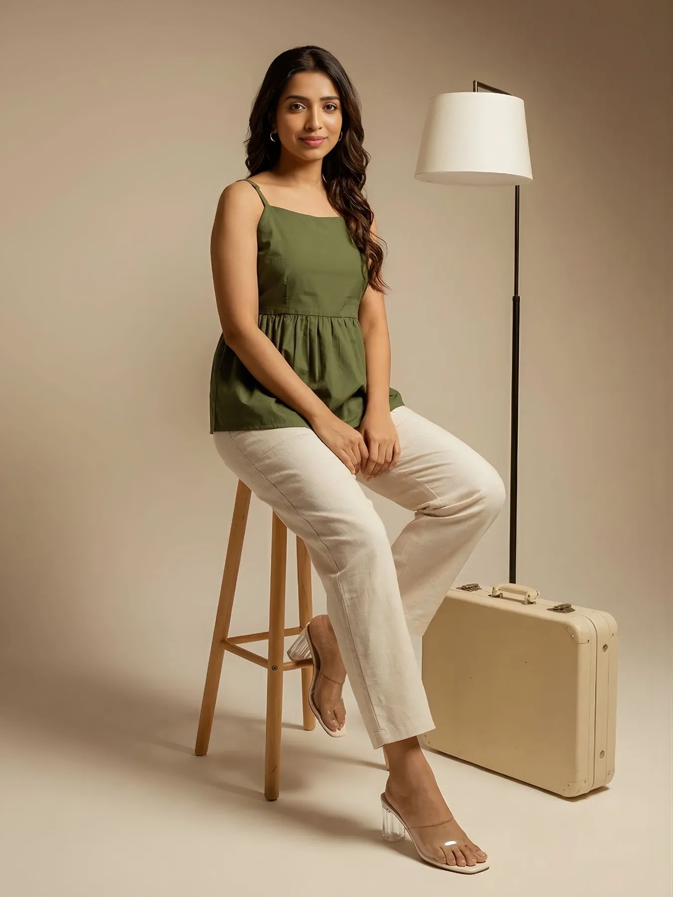 Women Forest Green Better Cotton Peplum Top & Ecru Airy Linen Straight Pant
