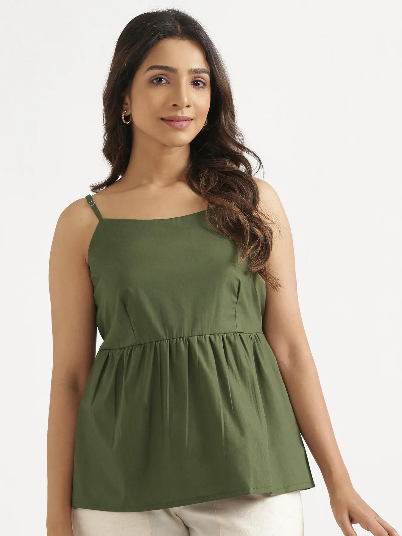 Women Forest Green Better Cotton Peplum Top & Ecru Airy Linen Straight Pant - Image 2