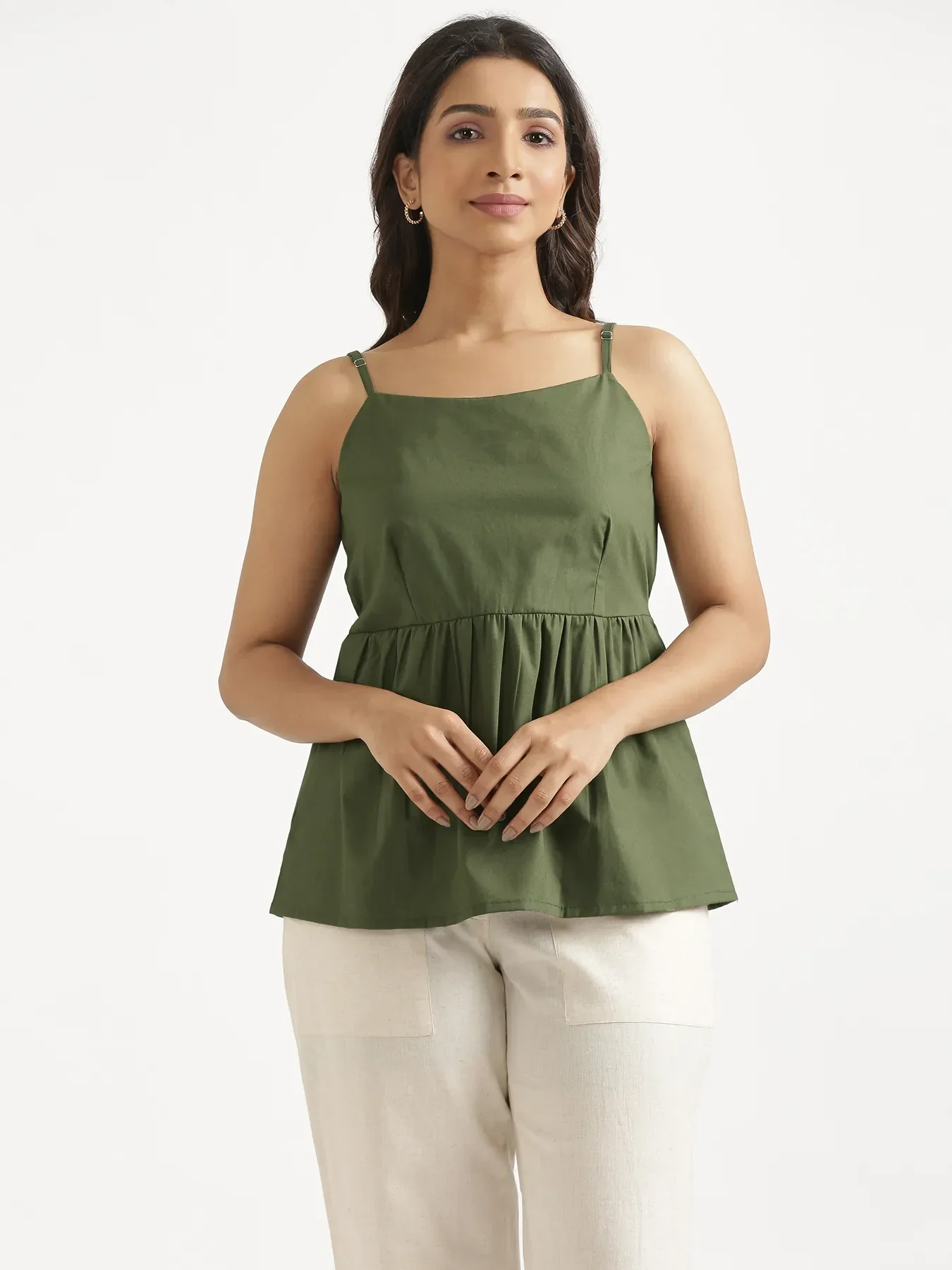 Women Forest Green Better Cotton Peplum Top & Ecru Airy Linen Straight Pant - Image 3