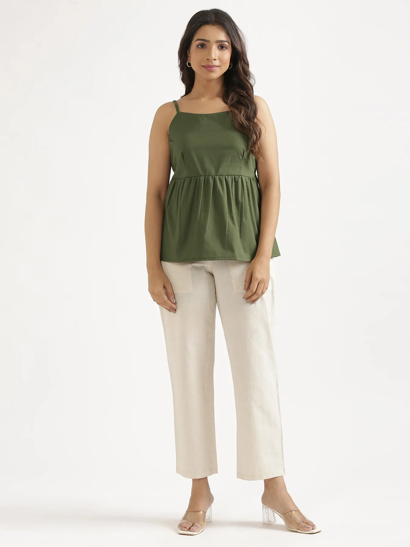 Women Forest Green Better Cotton Peplum Top & Ecru Airy Linen Straight Pant - Image 4