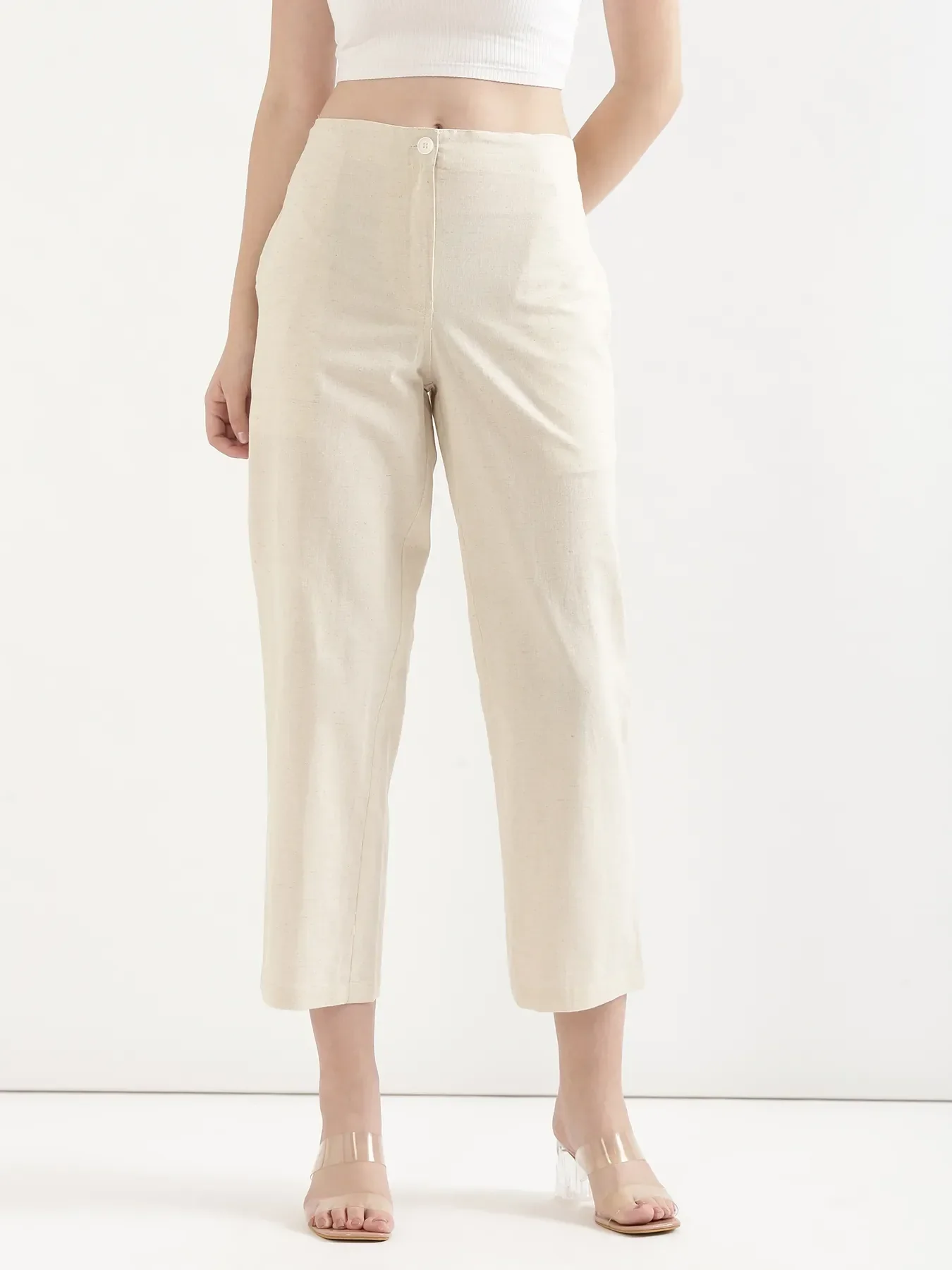 Women Forest Green Better Cotton Peplum Top & Ecru Airy Linen Straight Pant - Image 7