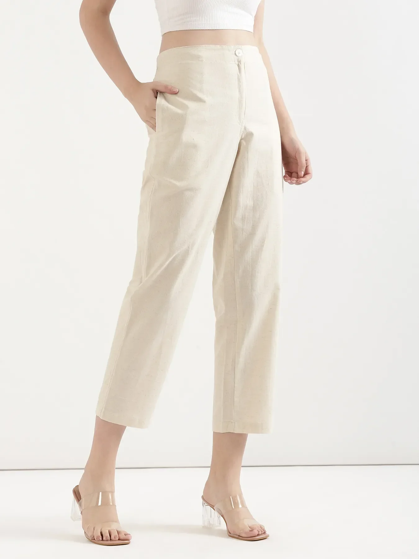 Women Forest Green Better Cotton Peplum Top & Ecru Airy Linen Straight Pant - Image 9