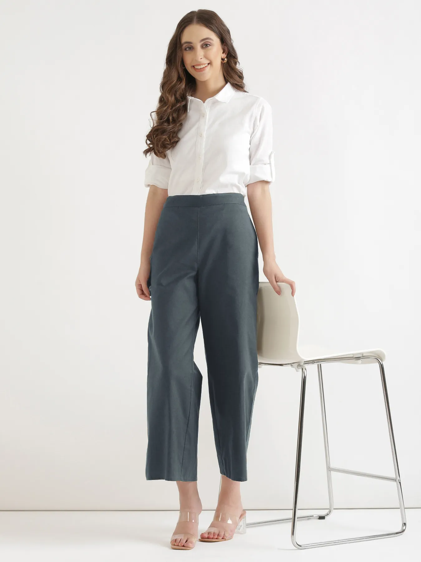 Women German Grey Airy Linen Wide Leg Pant - Image 10