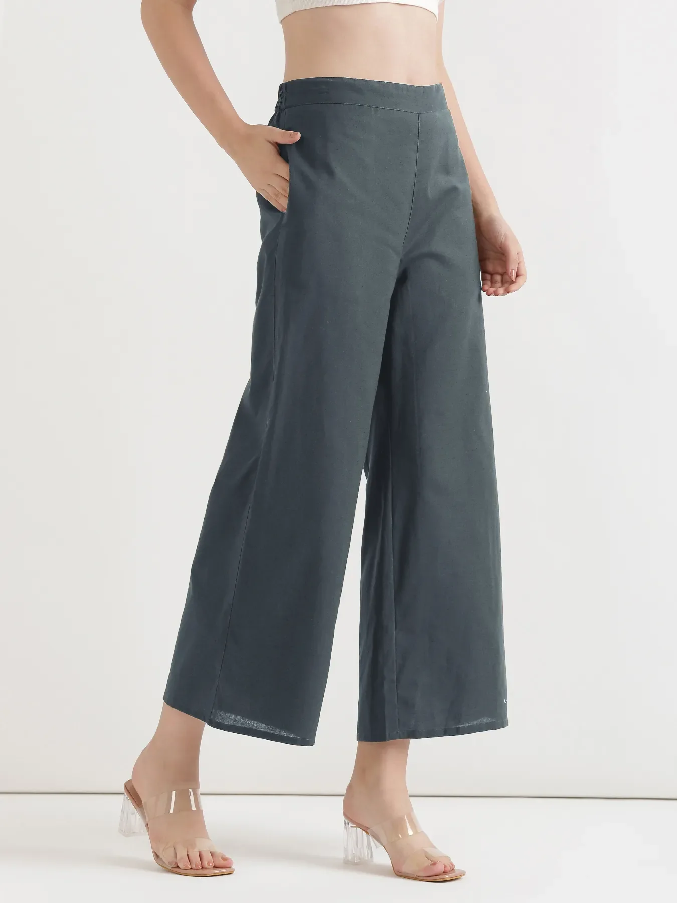 Women German Grey Airy Linen Wide Leg Pant - Image 4
