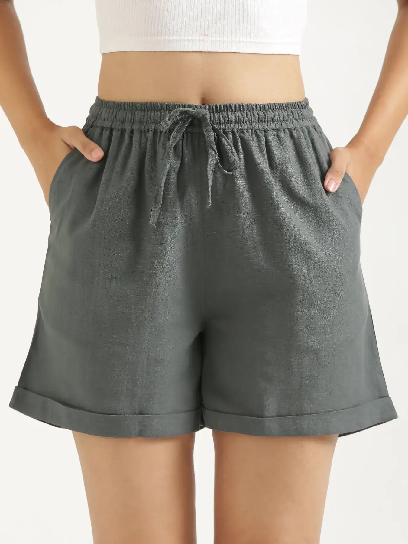 Women German Grey Flowy Linen Shorts - Image 6