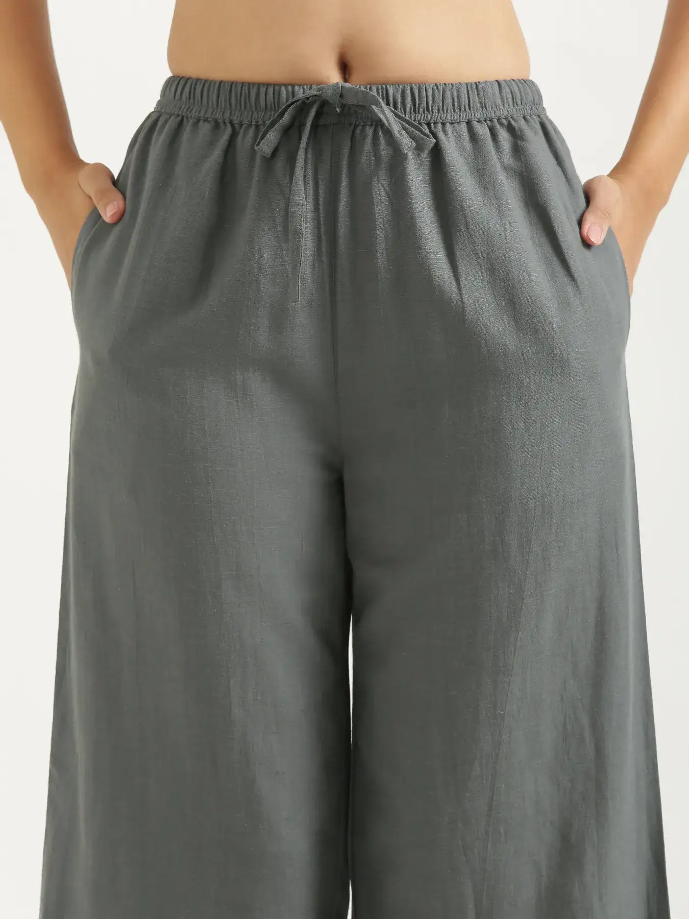 Women German Grey Flowy Linen Wide Leg Pants - Image 12