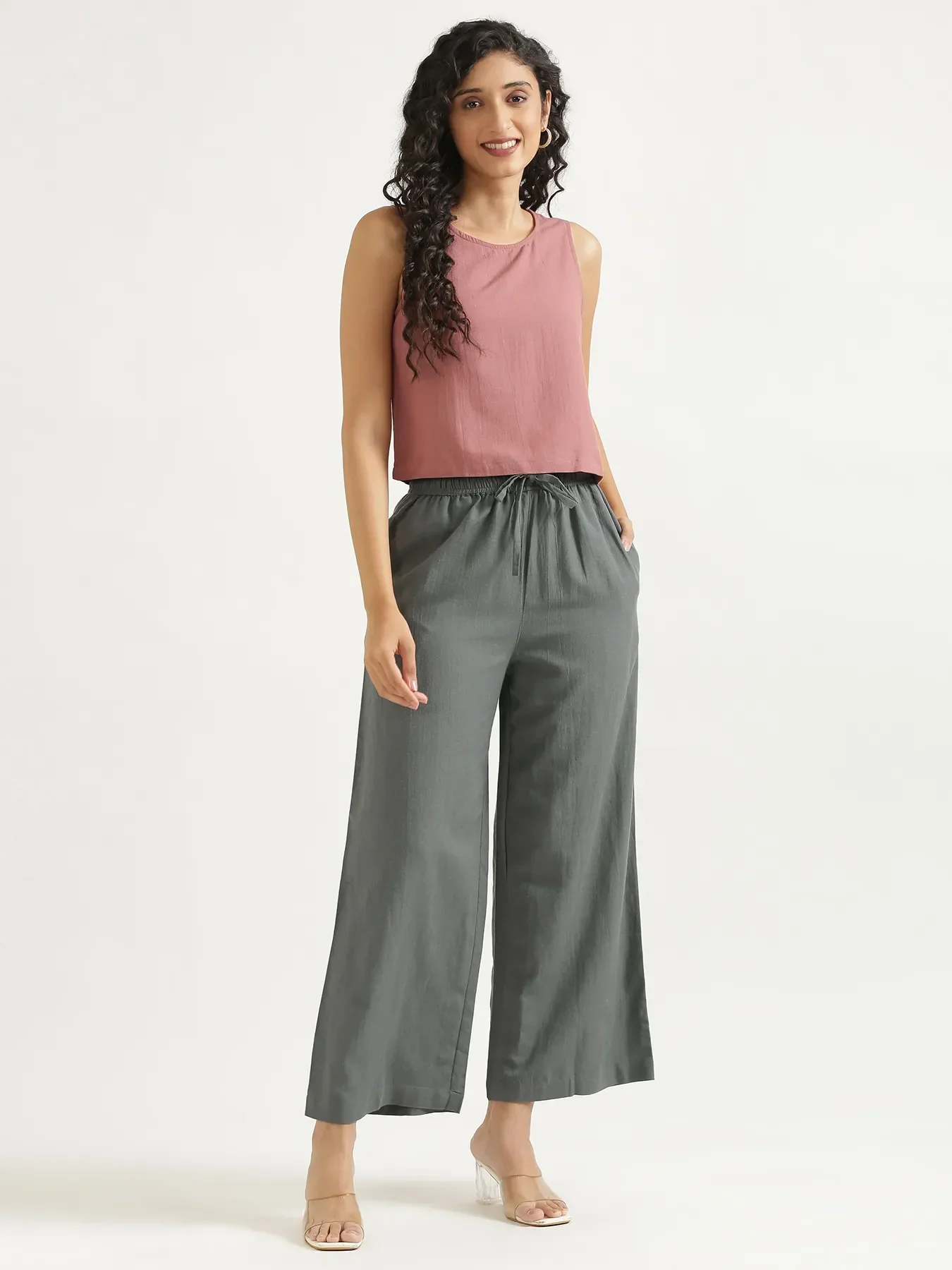 Women German Grey Flowy Linen Wide Leg Pants - Image 13