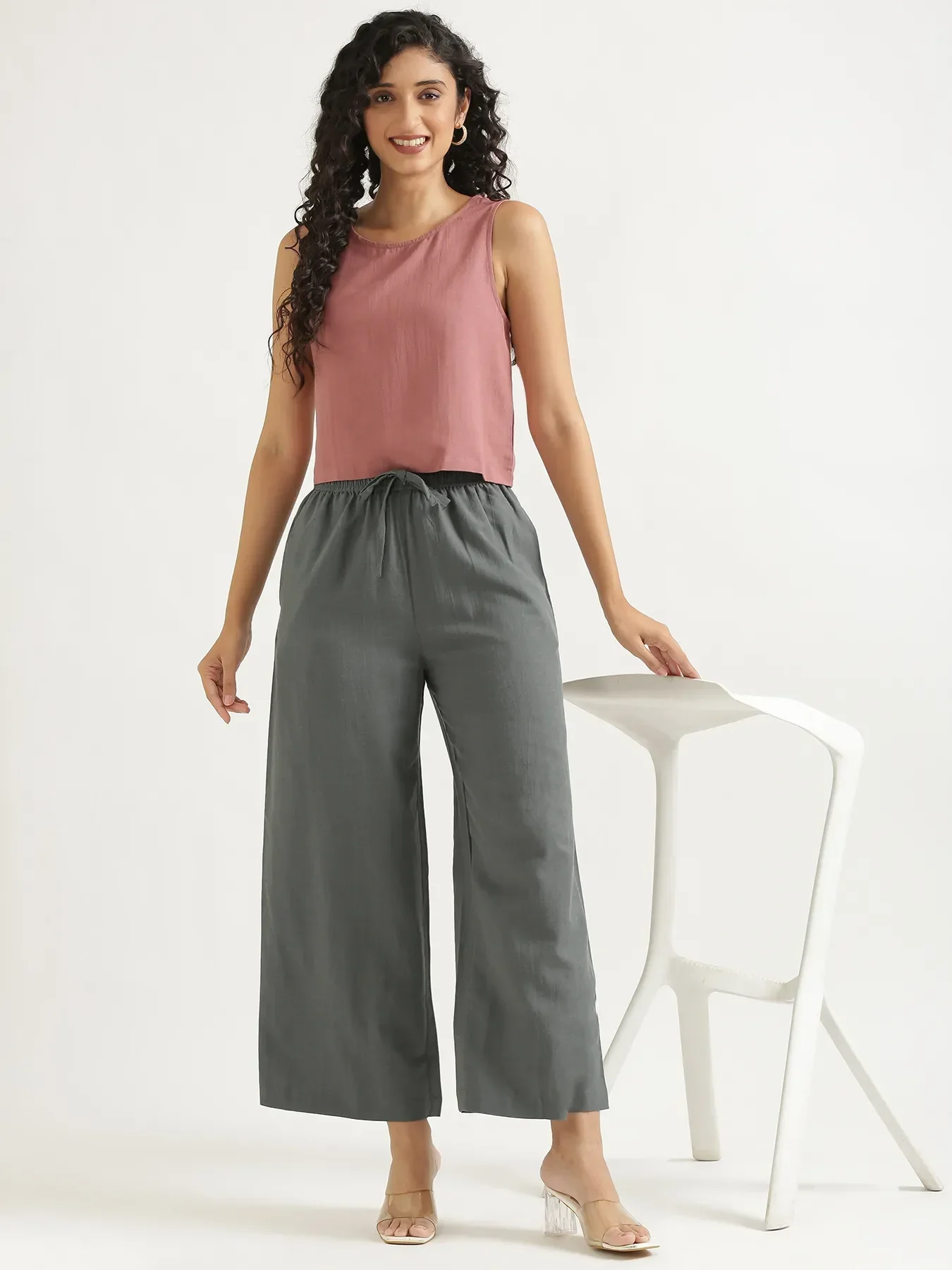 Women German Grey Flowy Linen Wide Leg Pants - Image 14