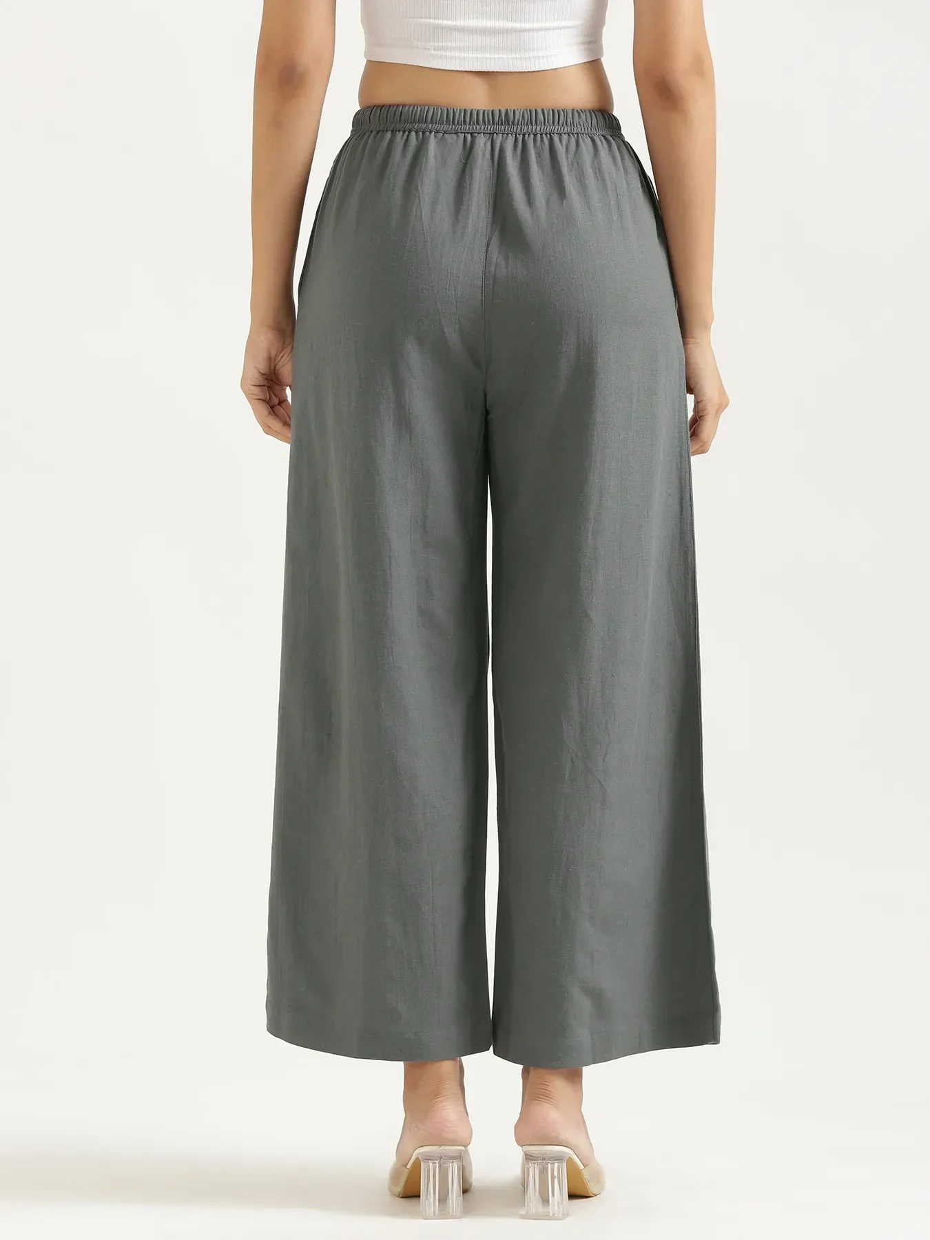 Women German Grey Flowy Linen Wide Leg Pants - Image 9