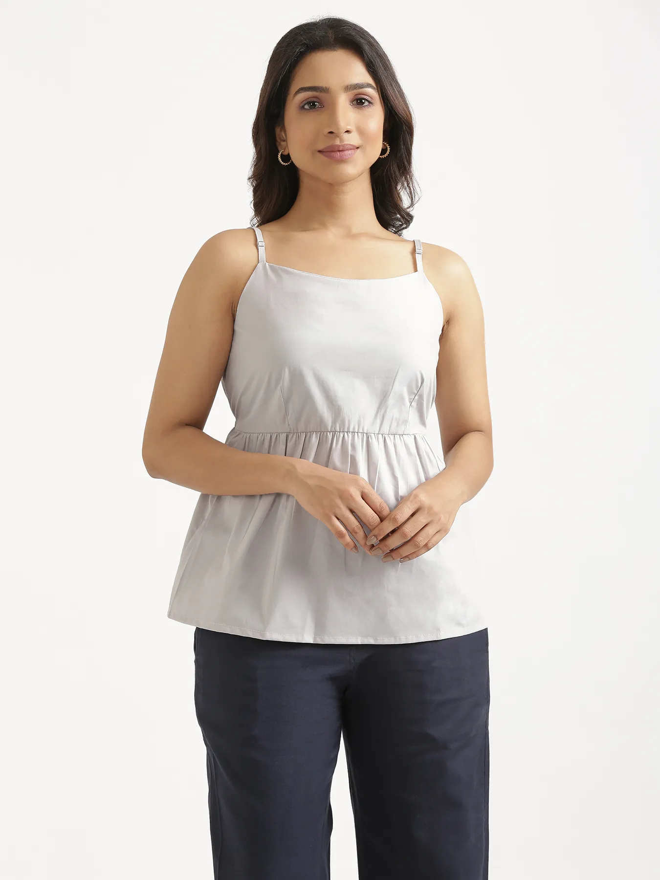 Women Light Grey Better Cotton Peplum Top & Navy Blue Airy Linen Straight Pant - Image 3