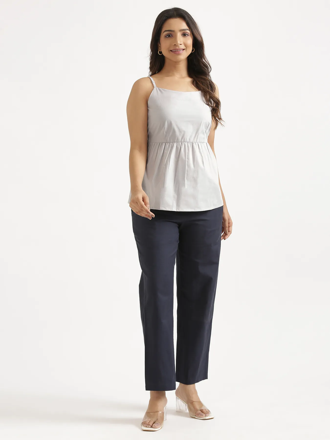 Women Light Grey Better Cotton Peplum Top & Navy Blue Airy Linen Straight Pant - Image 4