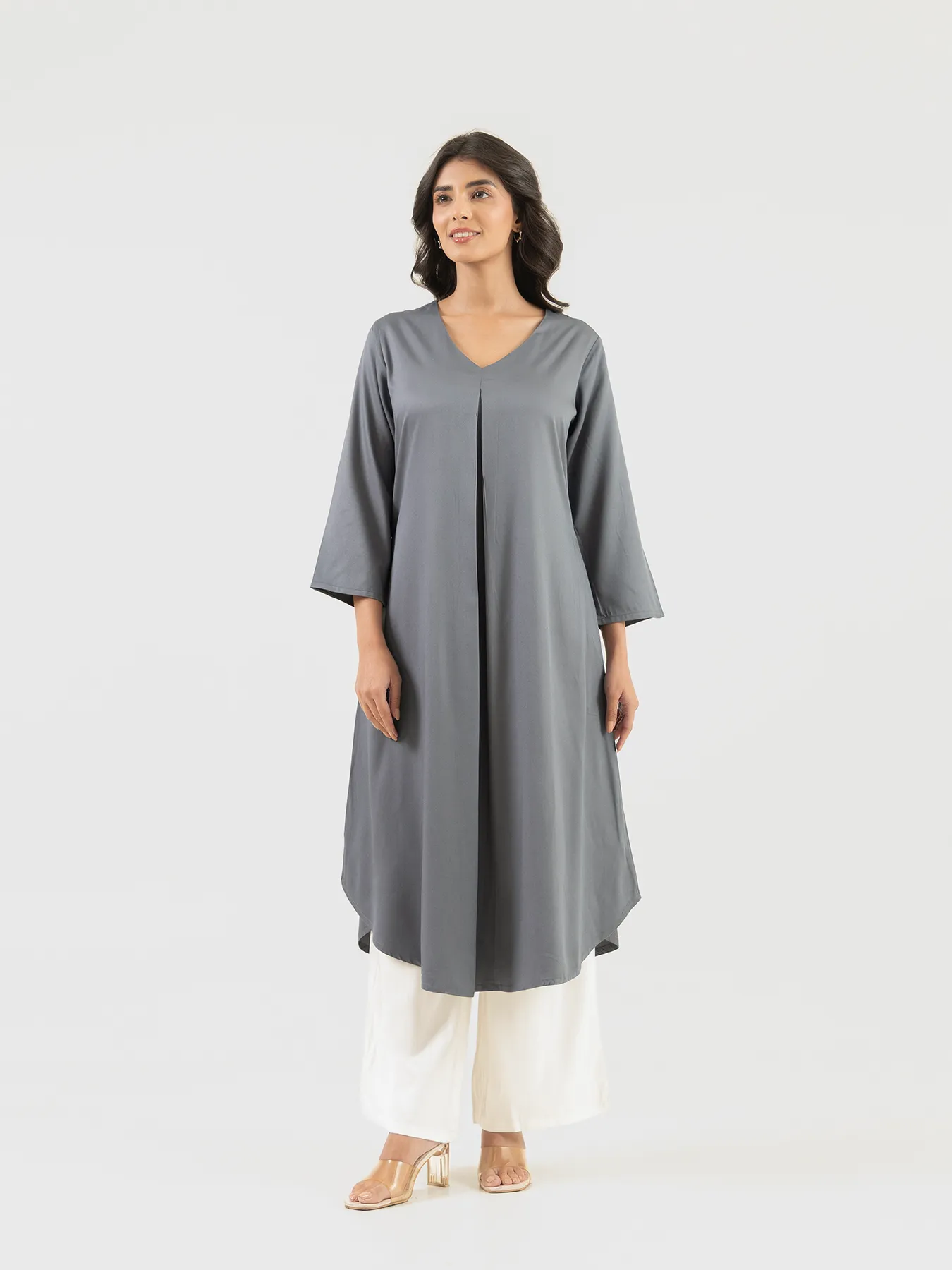 Women Grey Flowy Pleated Kurta - Image 3
