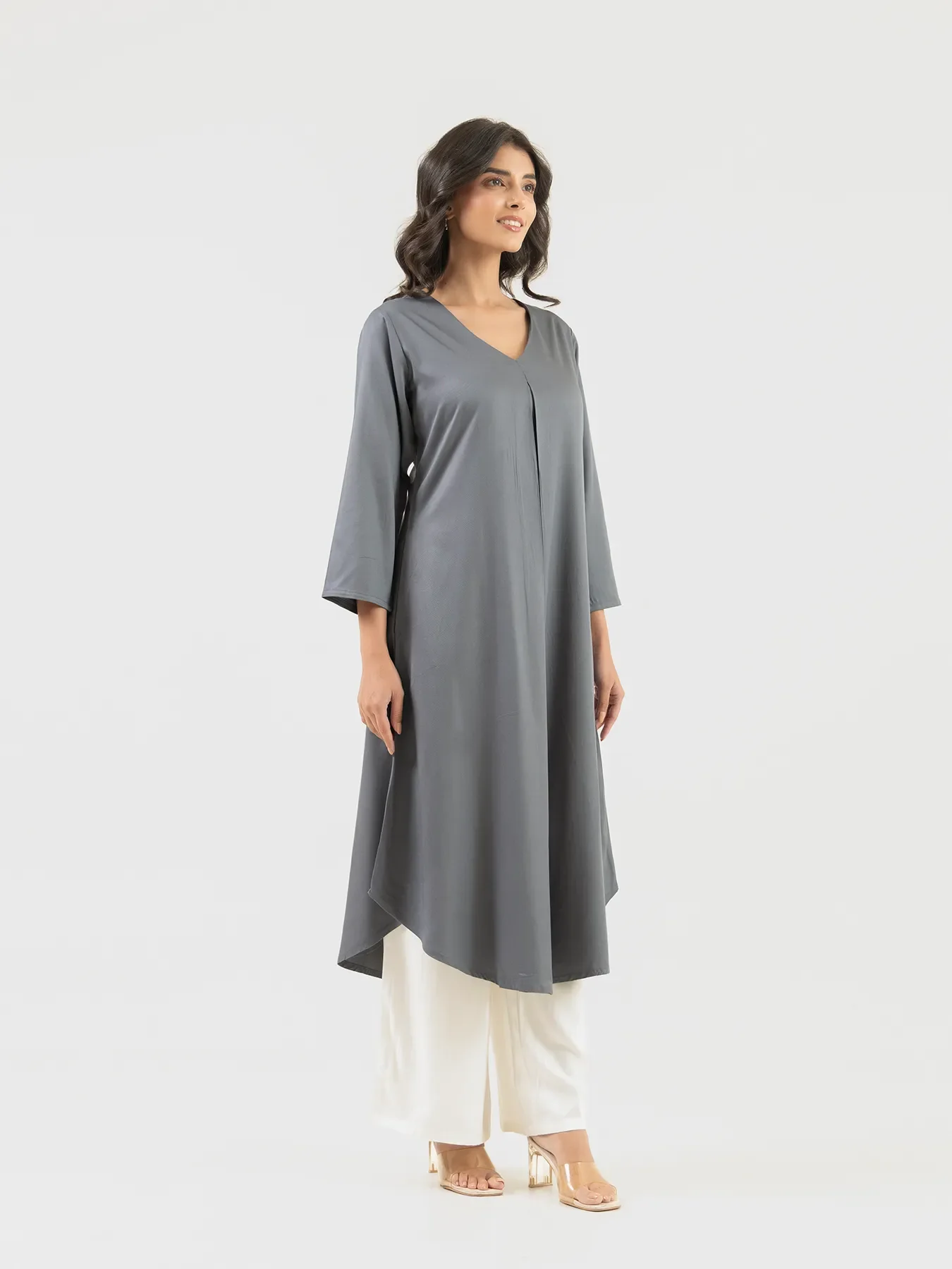 Women Grey Flowy Pleated Kurta - Image 6