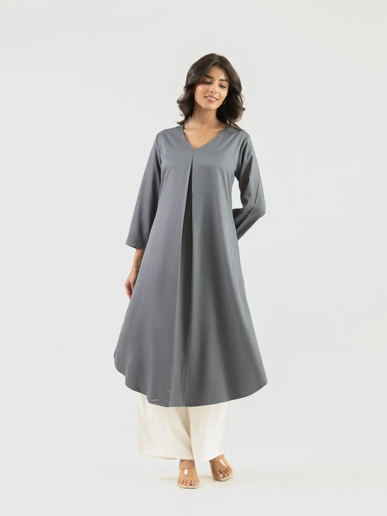 Women Grey Flowy Pleated Kurta - Image 8
