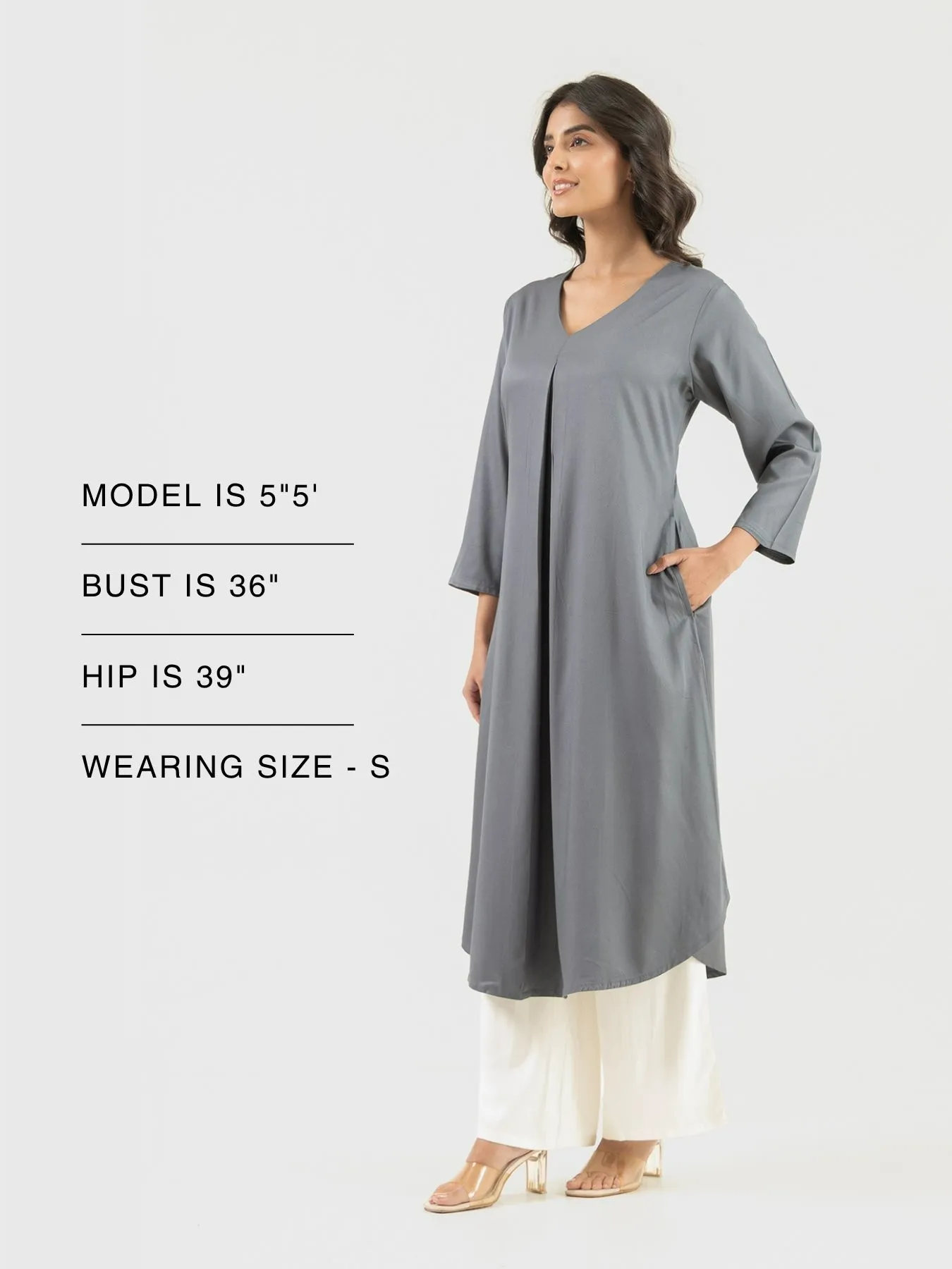 Women Grey Flowy Pleated Kurta - Image 9