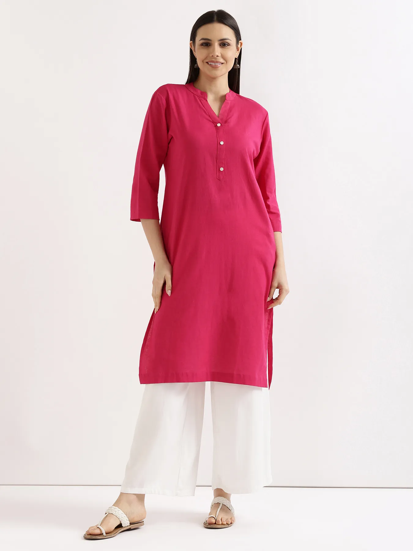 Women Hot Pink Airy Linen Long Kurta & White Viscose Palazzo Pant Set - Image 10