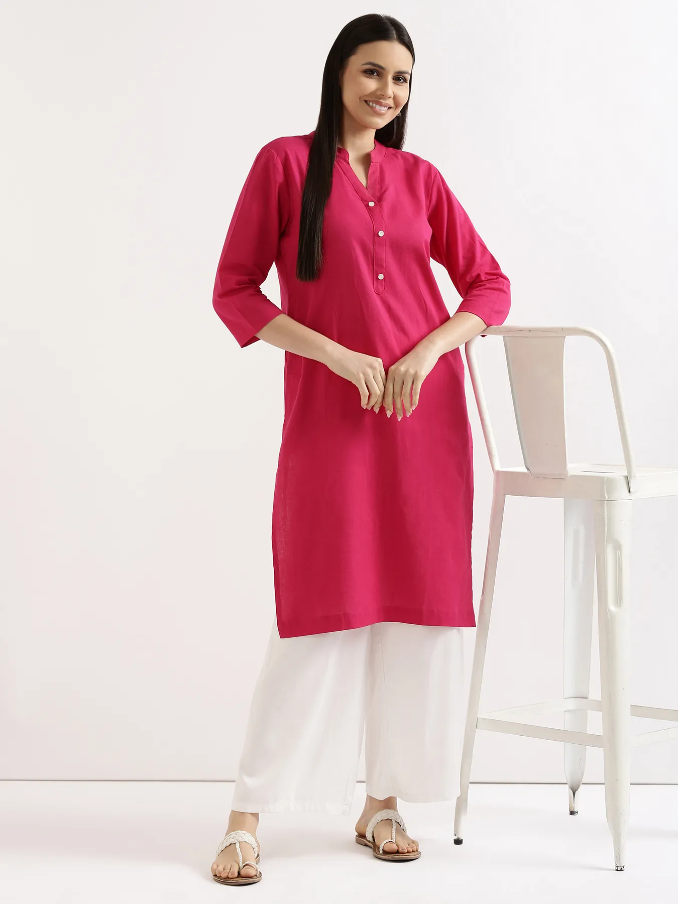 Women Hot Pink Airy Linen Long Kurta & White Viscose Palazzo Pant Set - Image 11