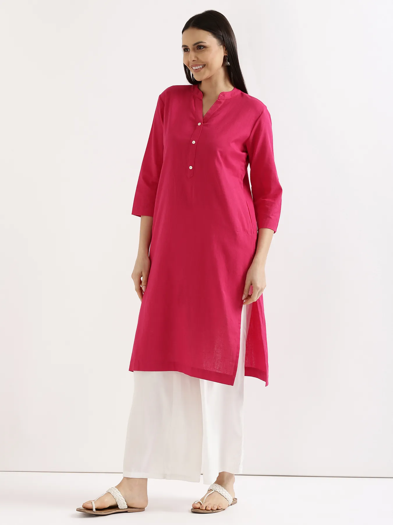 Women Hot Pink Airy Linen Long Kurta & White Viscose Palazzo Pant Set - Image 3