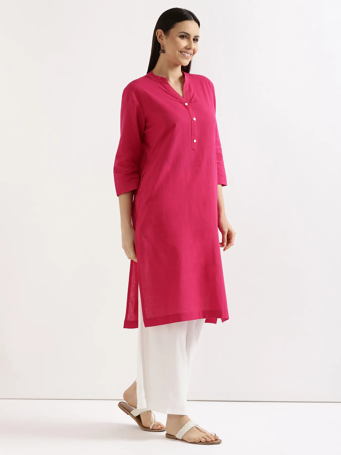 Women Hot Pink Airy Linen Long Kurta & White Viscose Palazzo Pant Set - Image 4