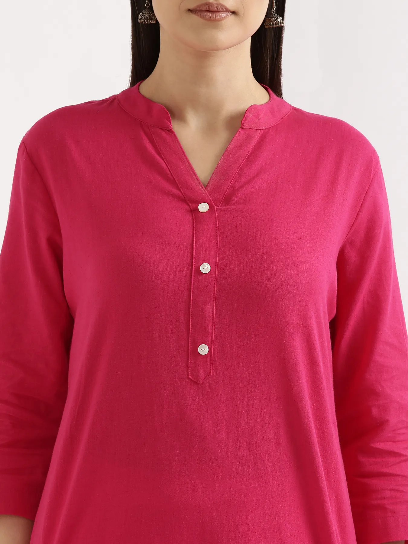 Women Hot Pink Airy Linen Long Kurta & White Viscose Palazzo Pant Set - Image 5