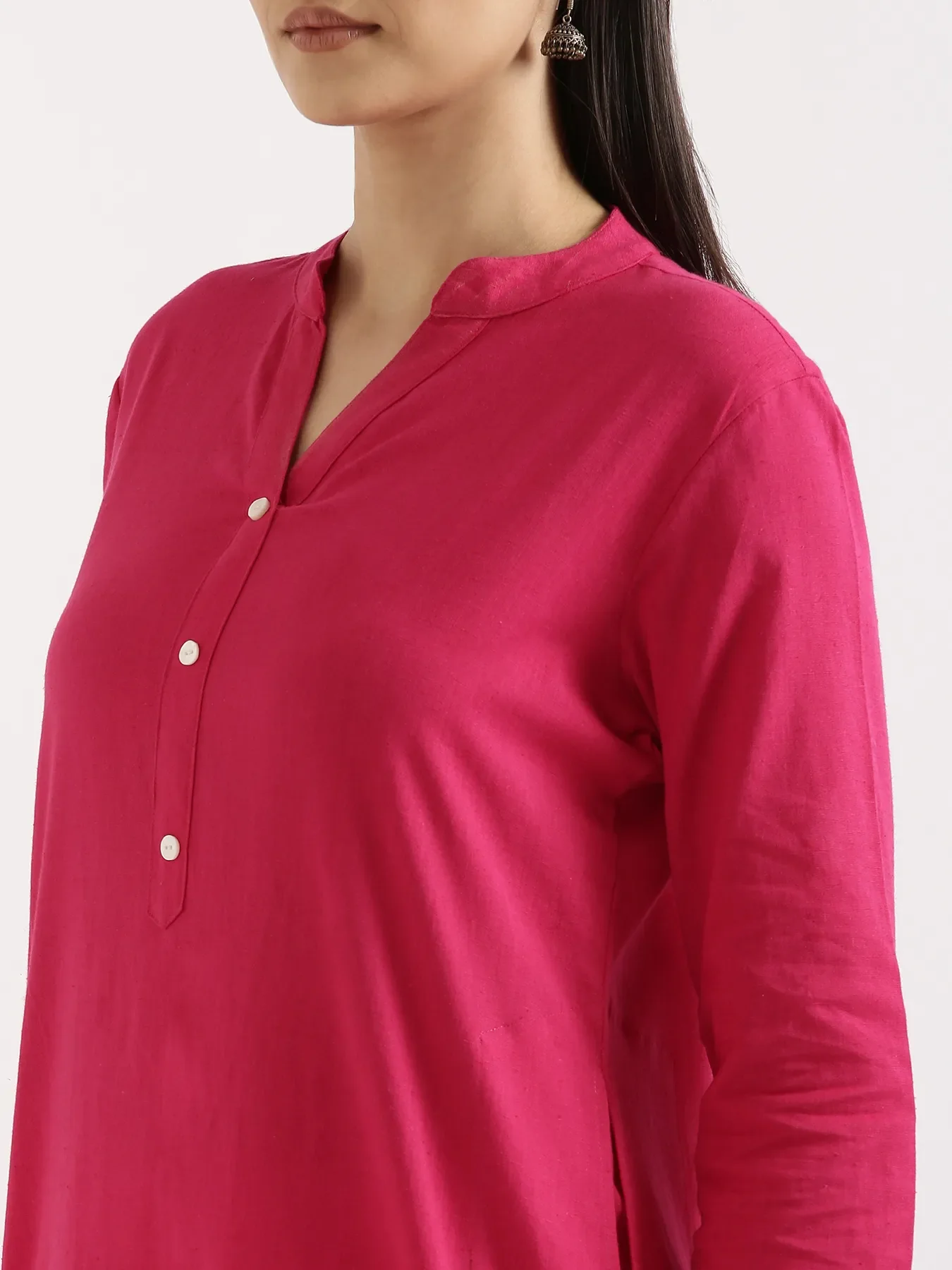 Women Hot Pink Airy Linen Long Kurta & White Viscose Palazzo Pant Set - Image 6