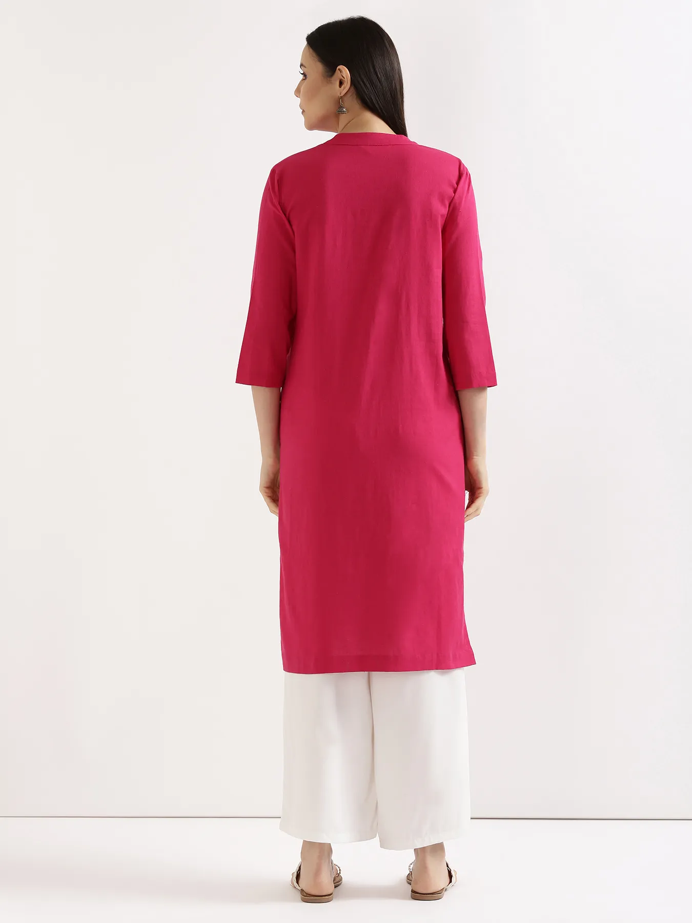 Women Hot Pink Airy Linen Long Kurta & White Viscose Palazzo Pant Set - Image 9